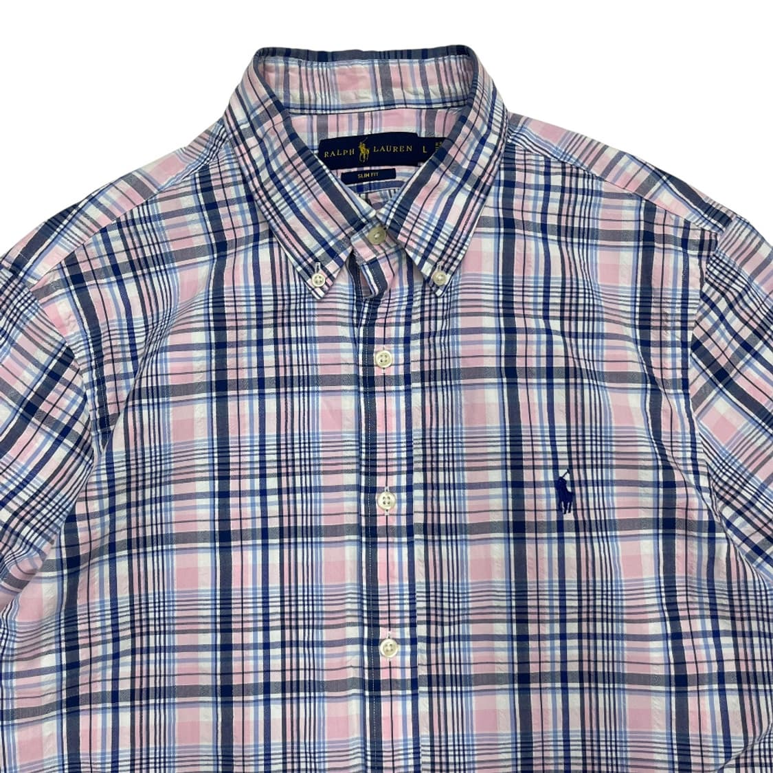 폴로 랄프로렌 네이비포니 딸기우유맛 시어서커 체크 반팔 셔츠 L 상품이미지3