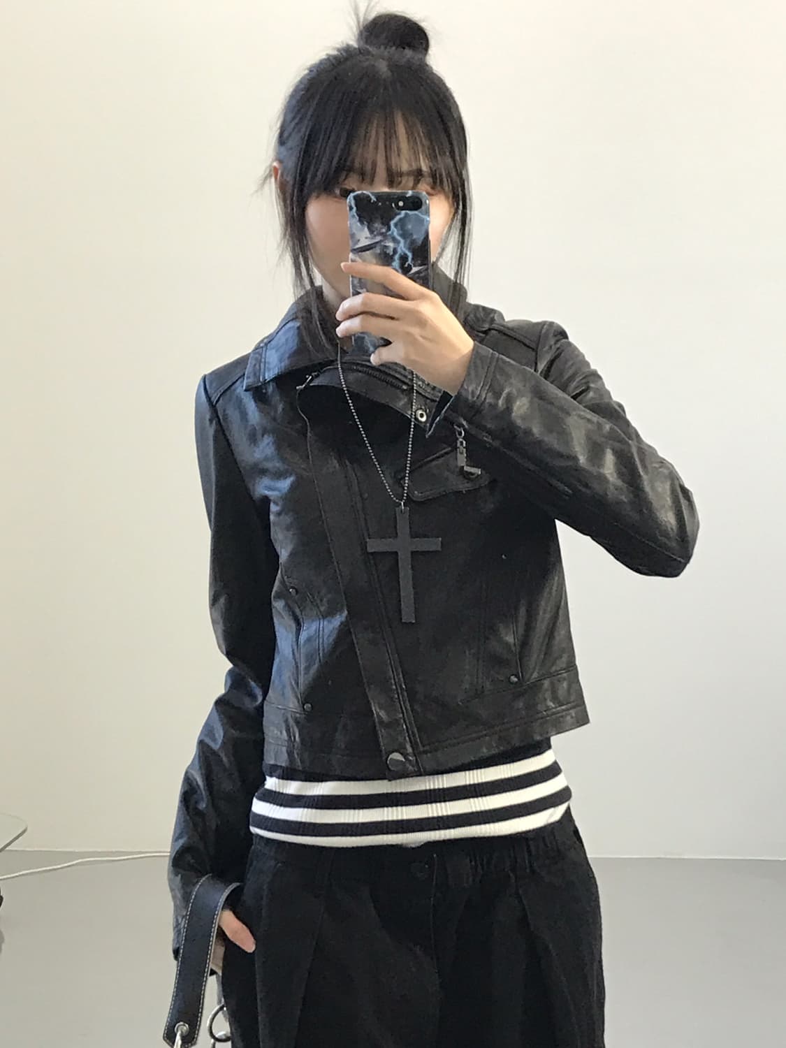 Vintage Black Hige Neck Leather Jackets 상품이미지2