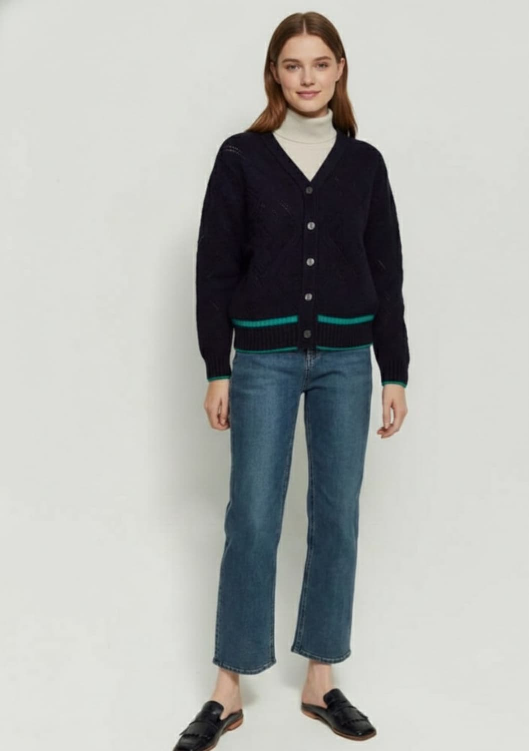 헤지스 라인배색 캐시미어혼방 울니트 가디건 66사이즈 상품이미지1