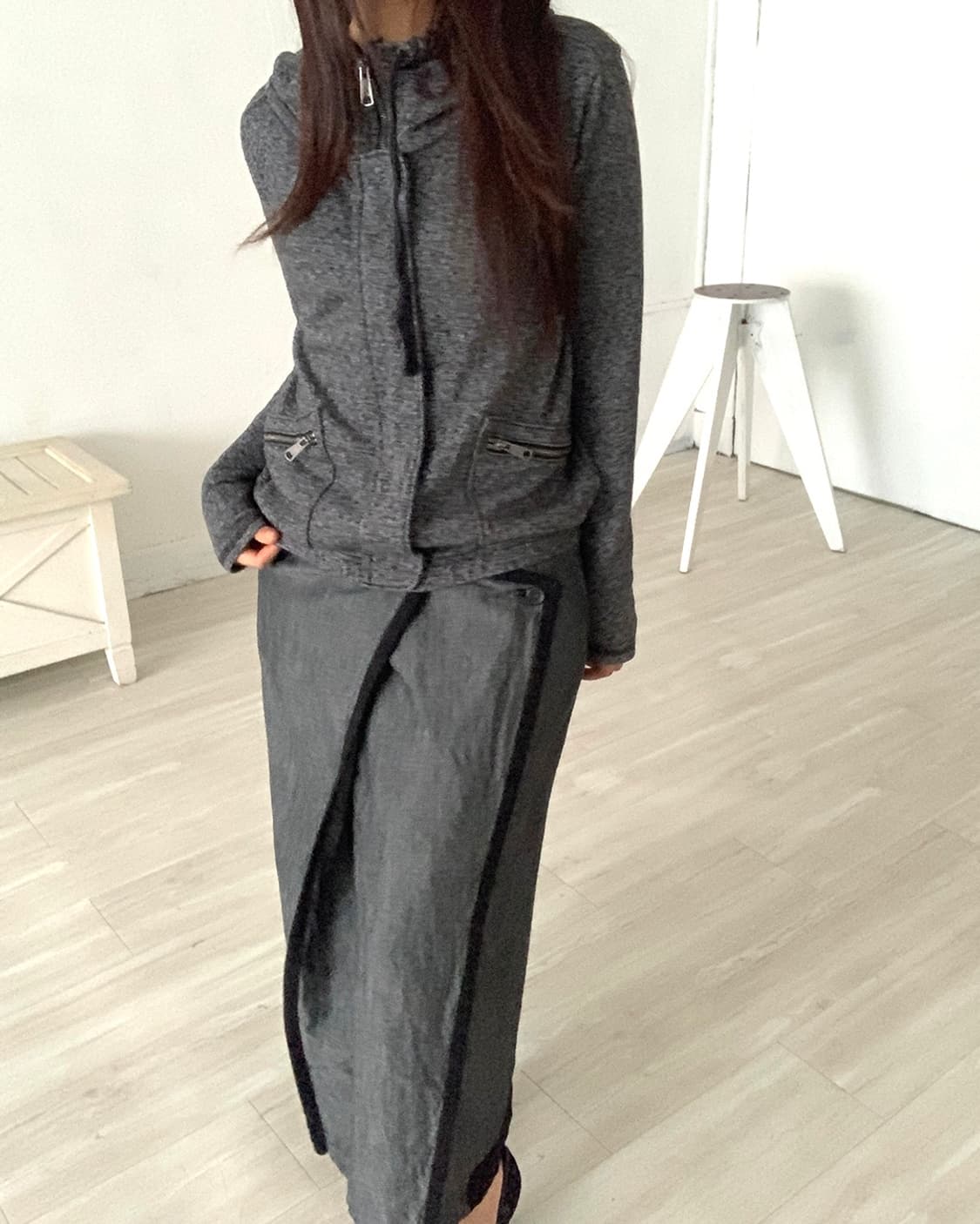 Black Contrast Grey Raw Denim Long Skirt 상품이미지4