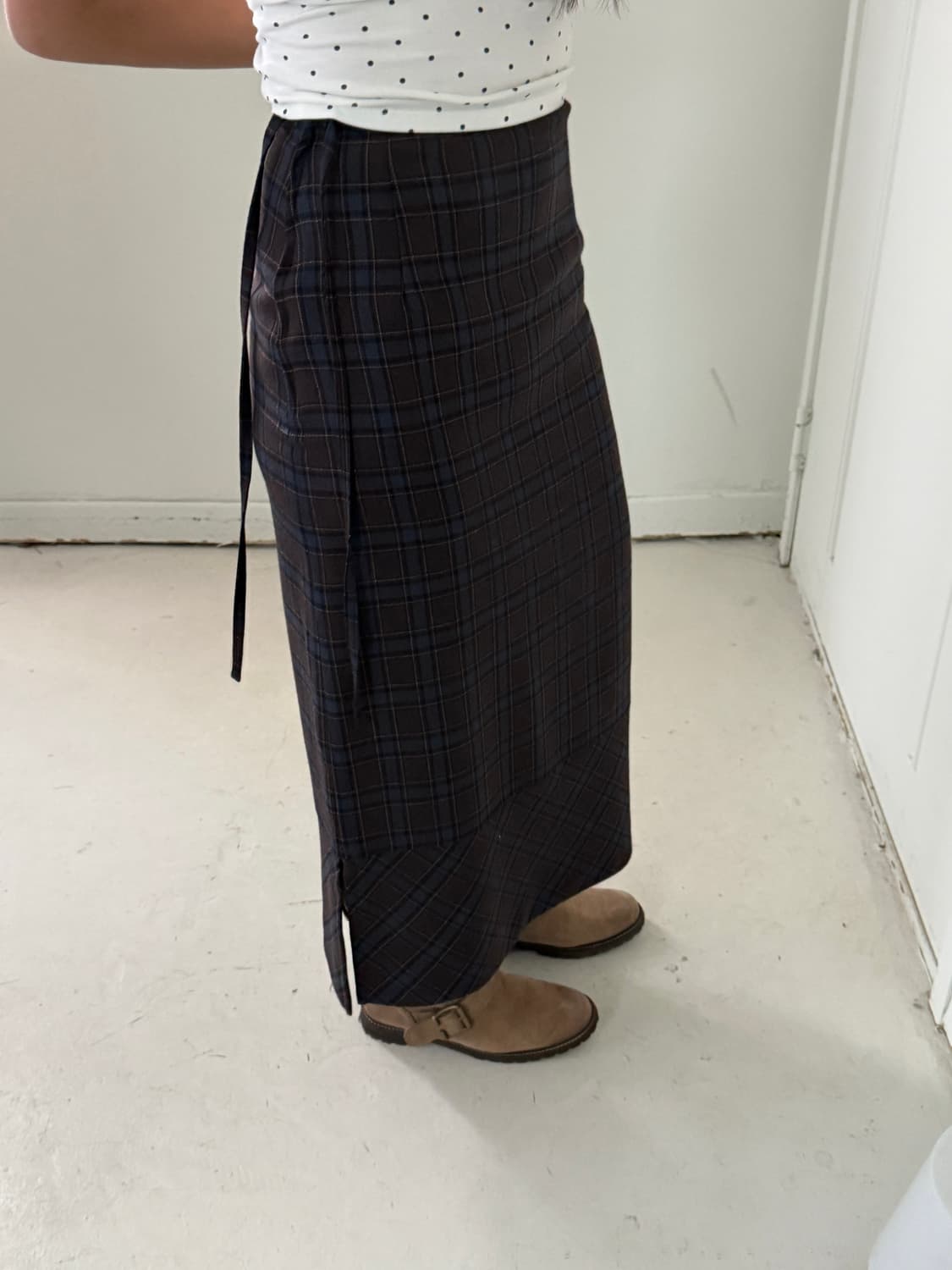 일본빈티지 브라운네이비 체크 울롱스커트 상품이미지1