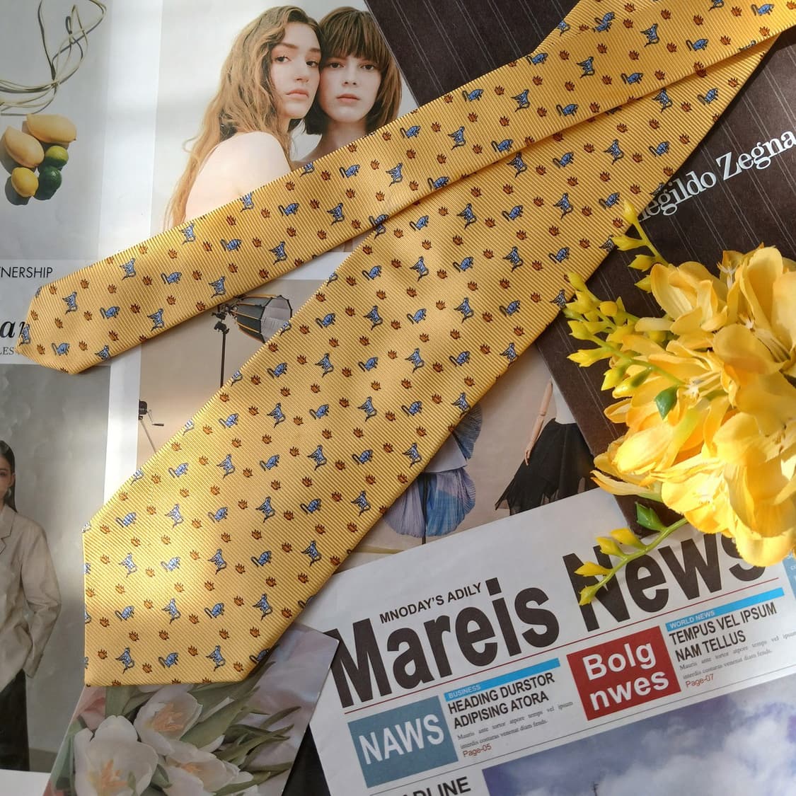 제냐 실크 옐로우 원숭이 모티브 넥타이 9.6cm A등급 A19678 상품이미지3