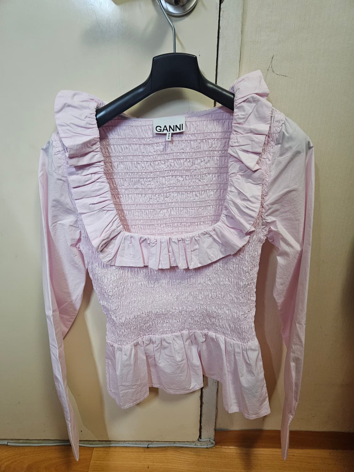 34) 가니 GANNI 여성 핑크 코튼 포플린 러플 탑 블라우스 상품이미지2
