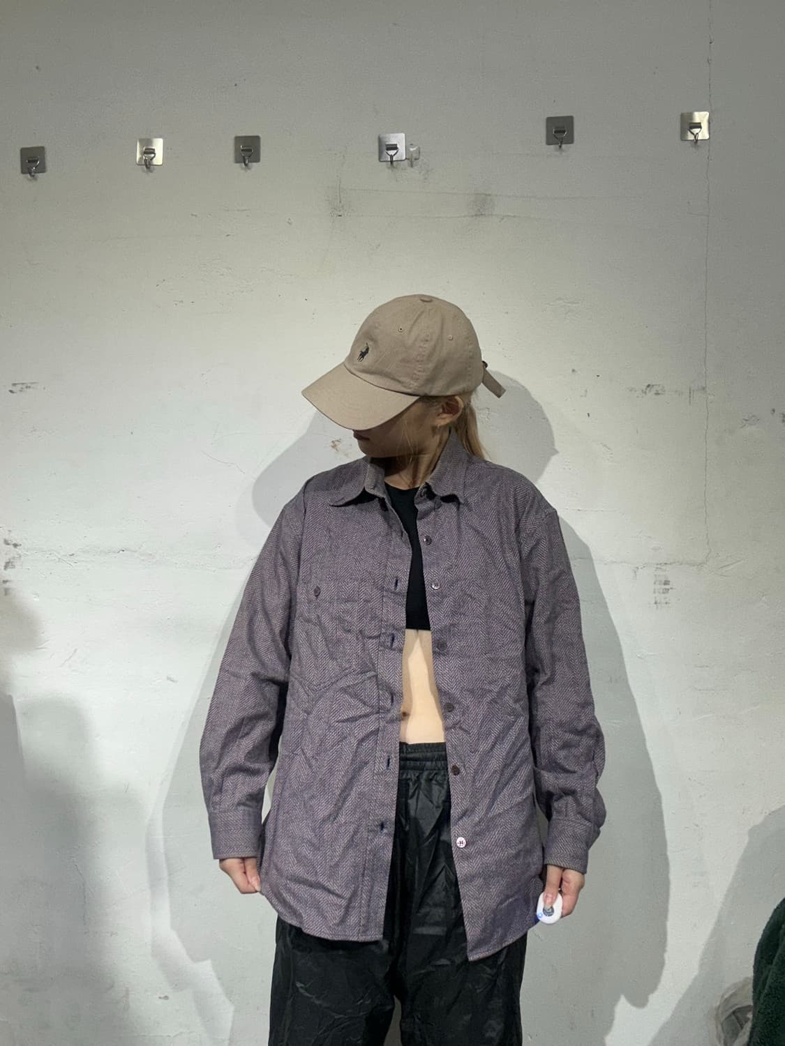 미쏘니 퍼플 헤링턴 패턴 오버핏 셔츠 상품이미지2