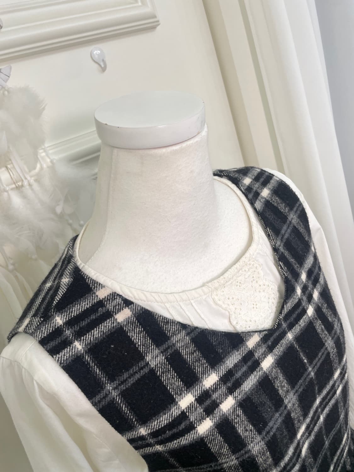 EARTH dark navy check waist shirring v-n 상품이미지6