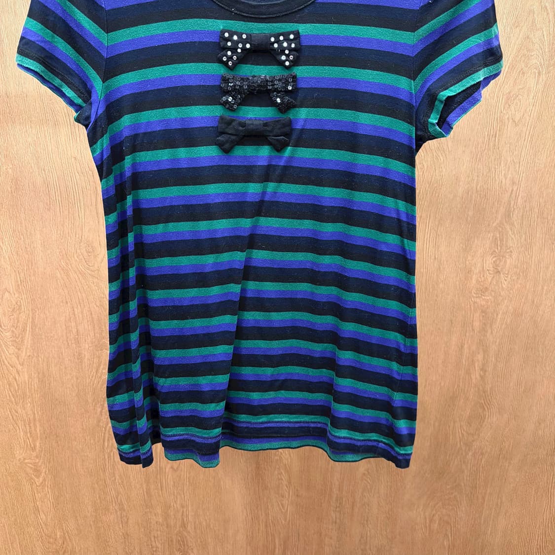 소니아 리키엘 반팔 스트라이프 티셔츠 스팽글 리본 장식 디테일 그린 블루 상품이미지5