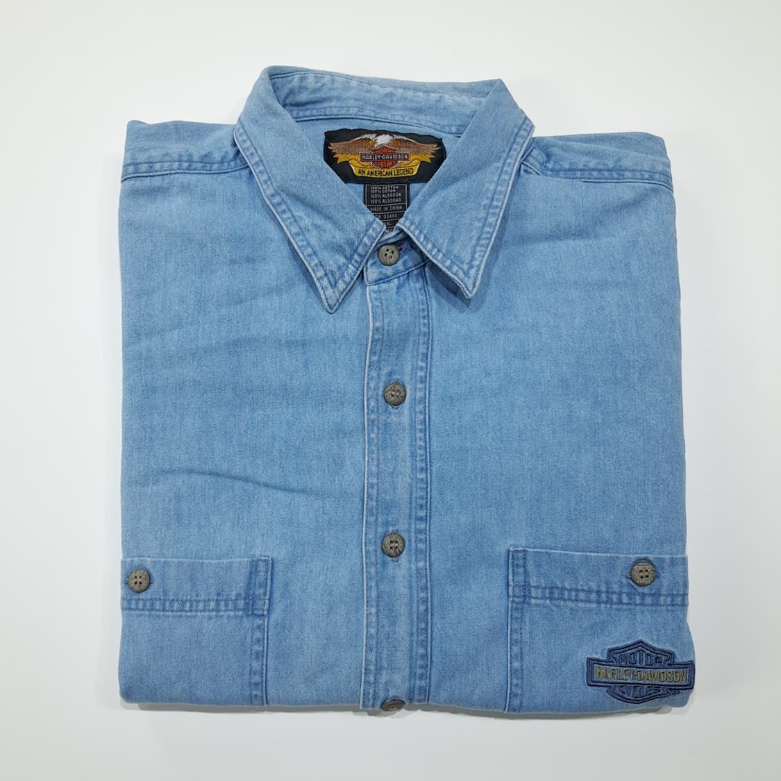 CL454 2XL 할리데이비슨 90s 코튼 자수 연청 데님셔츠 남방 상품이미지7