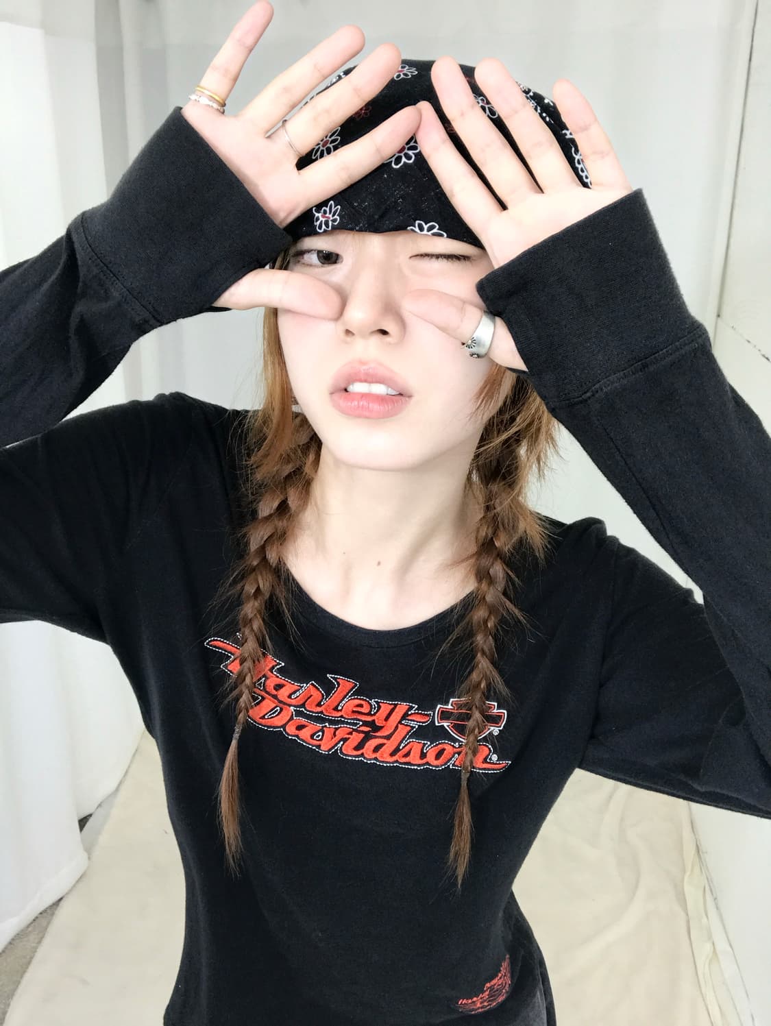 할리데이비슨 블랙 딱붙 자수 롱슬리브 티셔츠 상품이미지1