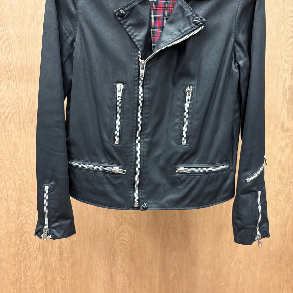 빈티지 코튼 라이더 자켓 숄더 견장 메탈 지퍼 체크 안감 디테일 블랙 상품이미지5