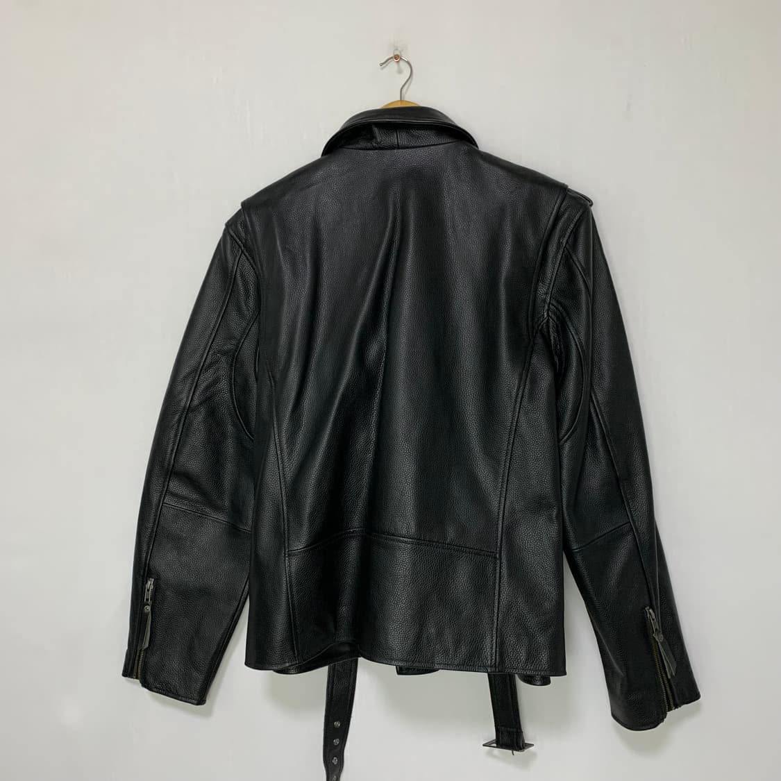 빈티지 사선 지퍼 벨트 리얼레더 라이더 자켓 소가죽 블랙 L 상품이미지6