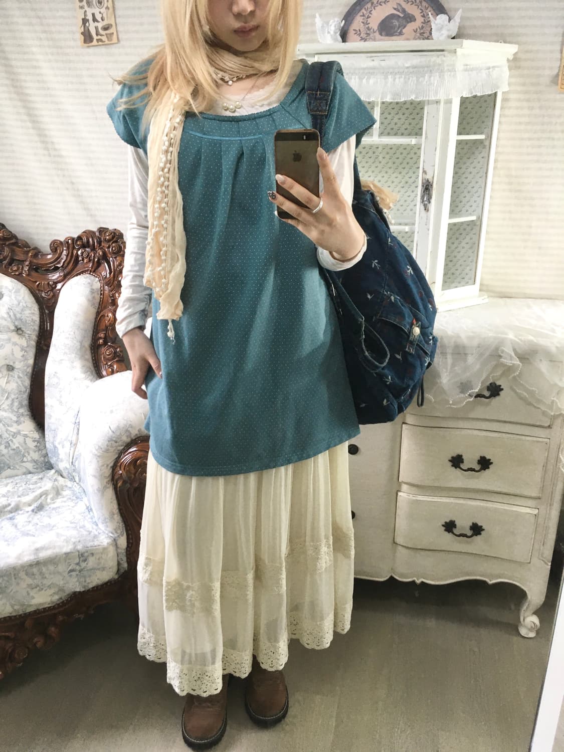 Set) 블루그린 민트 도트 블라우스+모리 레이스 티+레이스머플러 상품이미지5