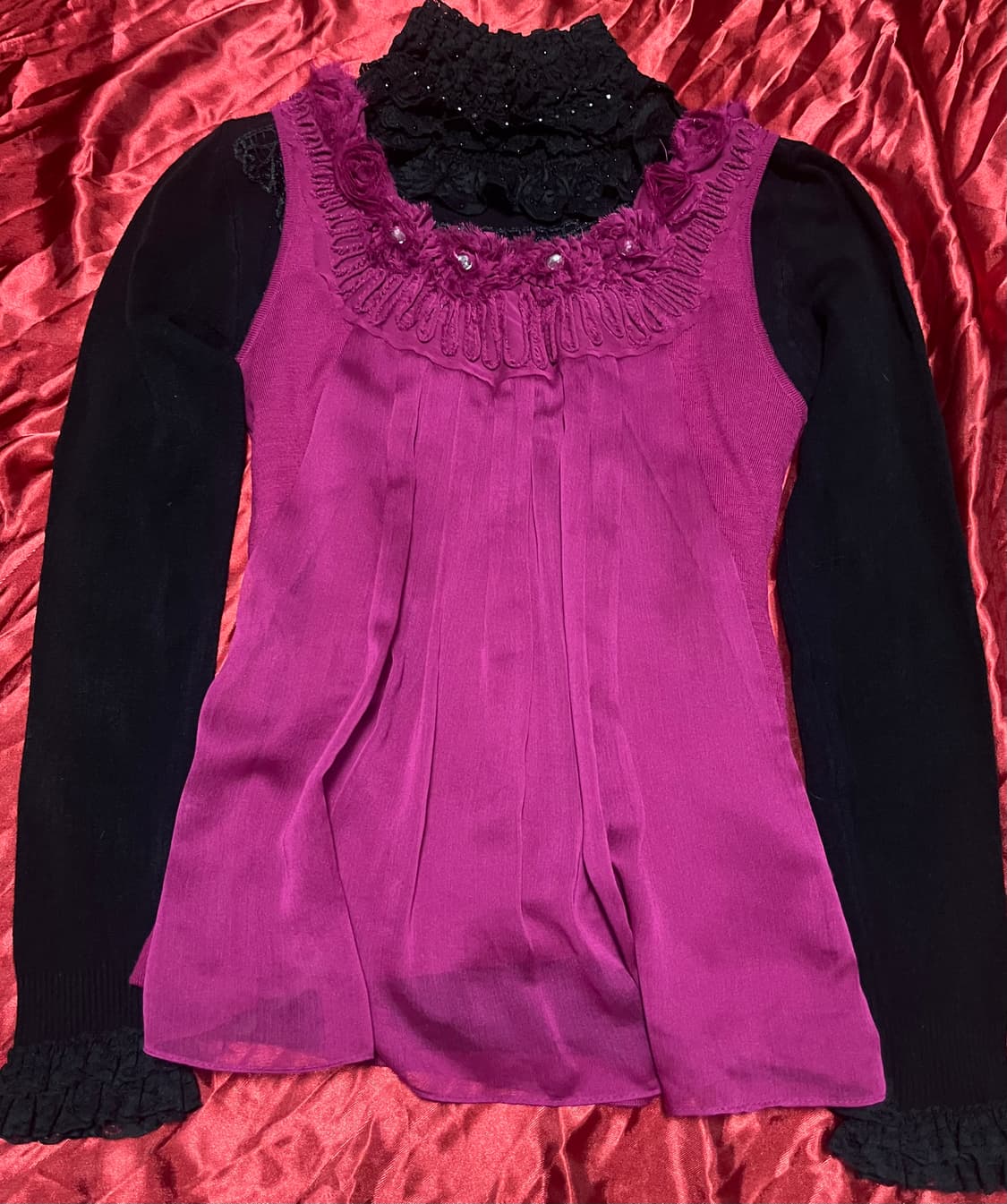 갸루 핫핑크 장미 디테일 나시 빈티지 상품이미지2