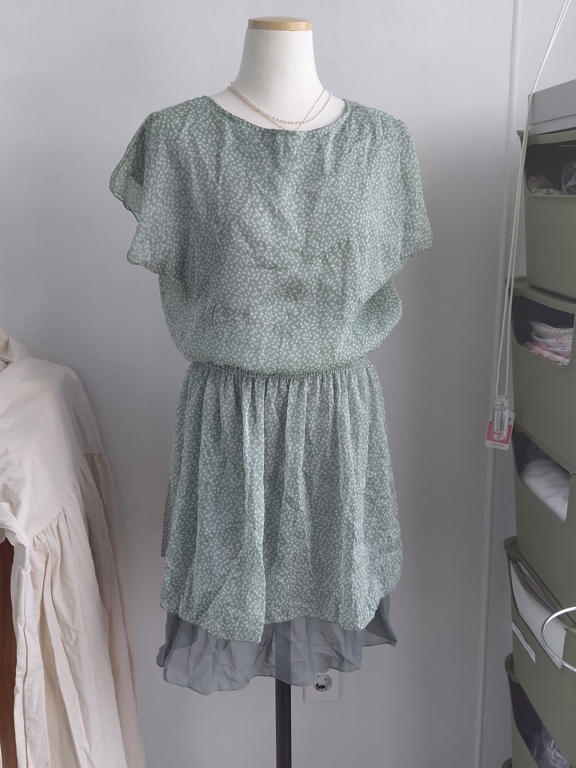 [빈티지] 민트 패턴 쉬폰 미니 원피스 상품이미지1