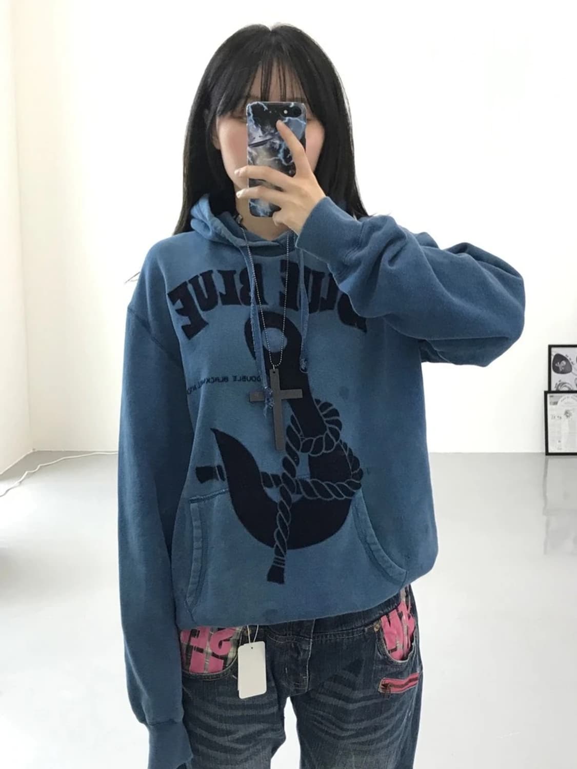 블루블루 프린팅 블루 후드티  상품이미지1