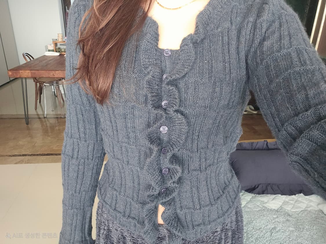 히메 로걀 달천깔 프릴 니트 가디건 차콜 그레이 상품이미지1