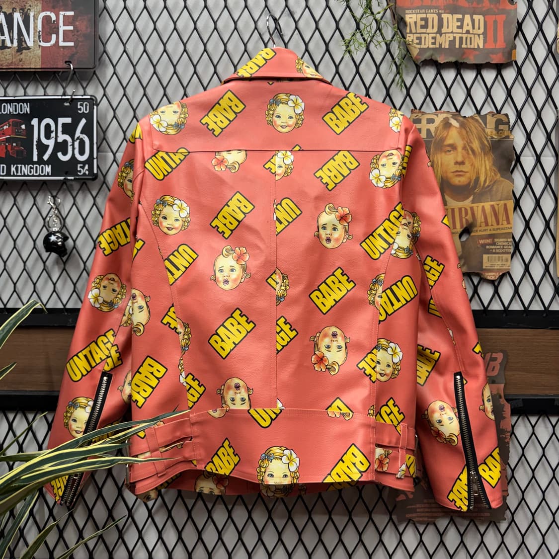 언티지 베이비 로고 프린팅 라이싱 레더 자켓 핑크 옐로우 배색 상품이미지2