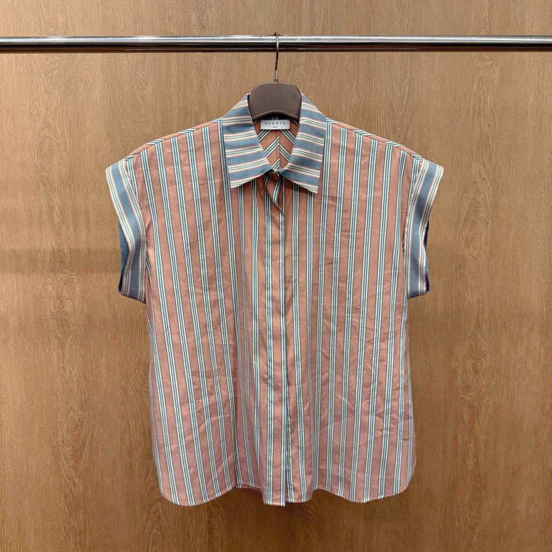 산드로 멀티 스트라이프 반팔 셔츠 블라우스 민트 코랄 배색 상품이미지2