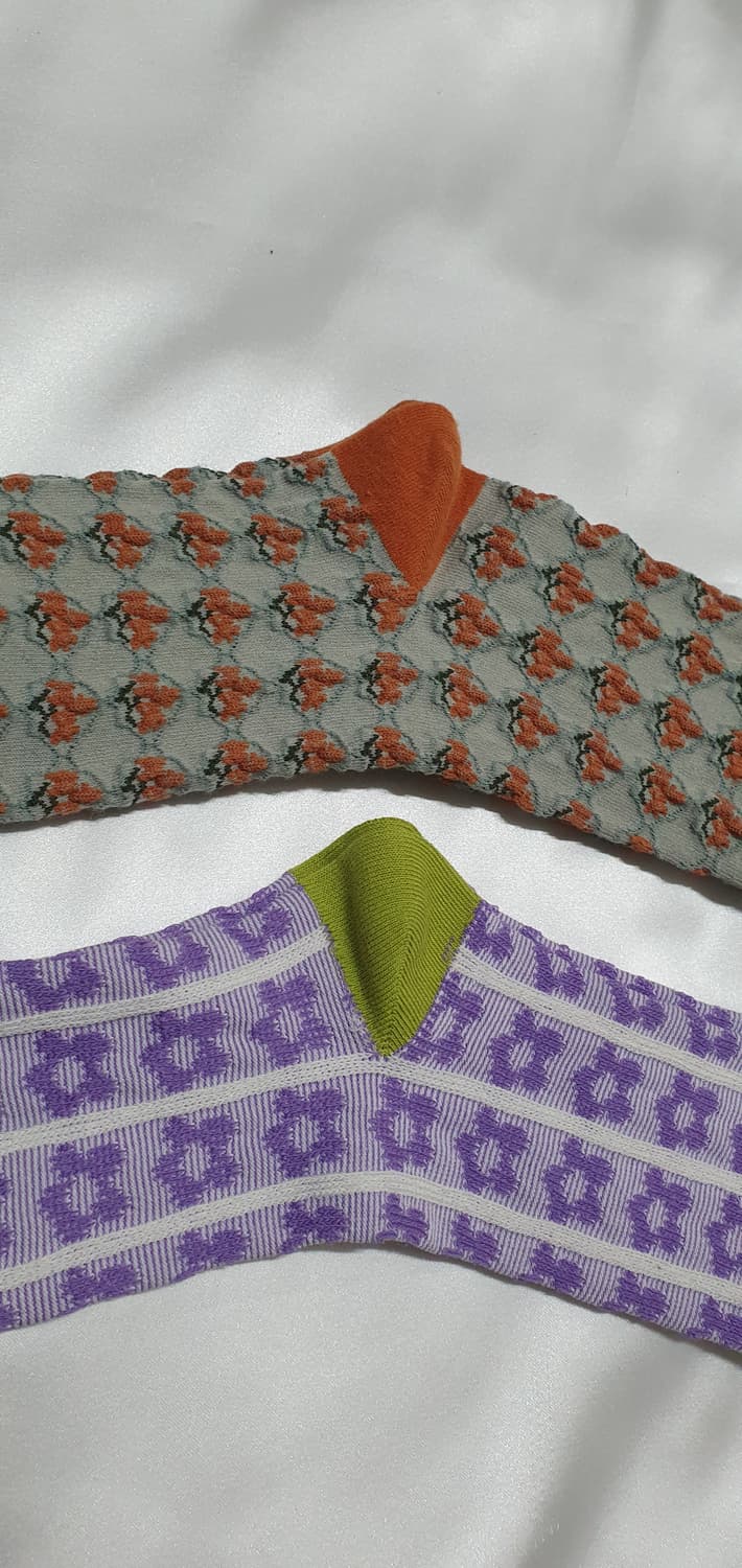 2컬레 가격 그린 퍼플 오렌지 꽃 플라워 패턴 양말 상품이미지7