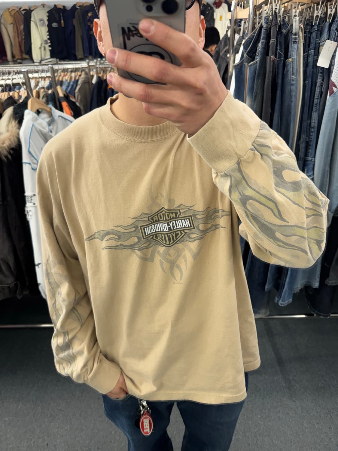 L)00’s할리데이비슨 빈티지 플레임 프린팅 베이지 롱슬리브 상품이미지1