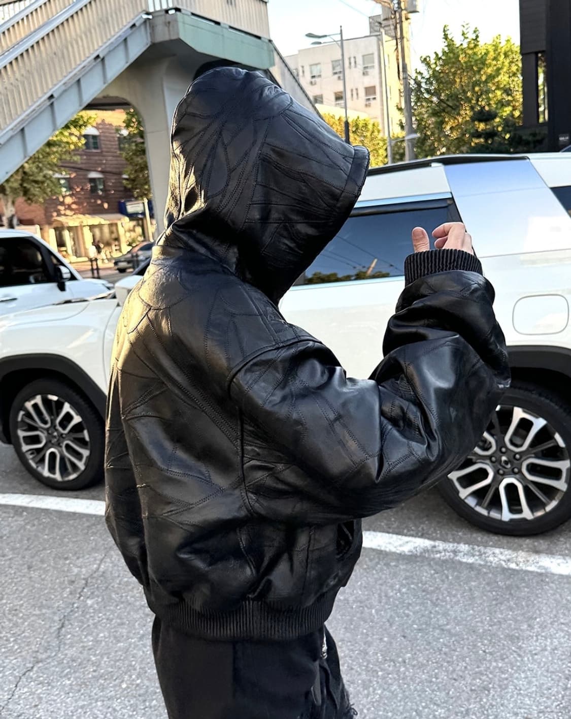 언더마이카 크롭 램스킨 레더 후드 봄버 상품이미지2