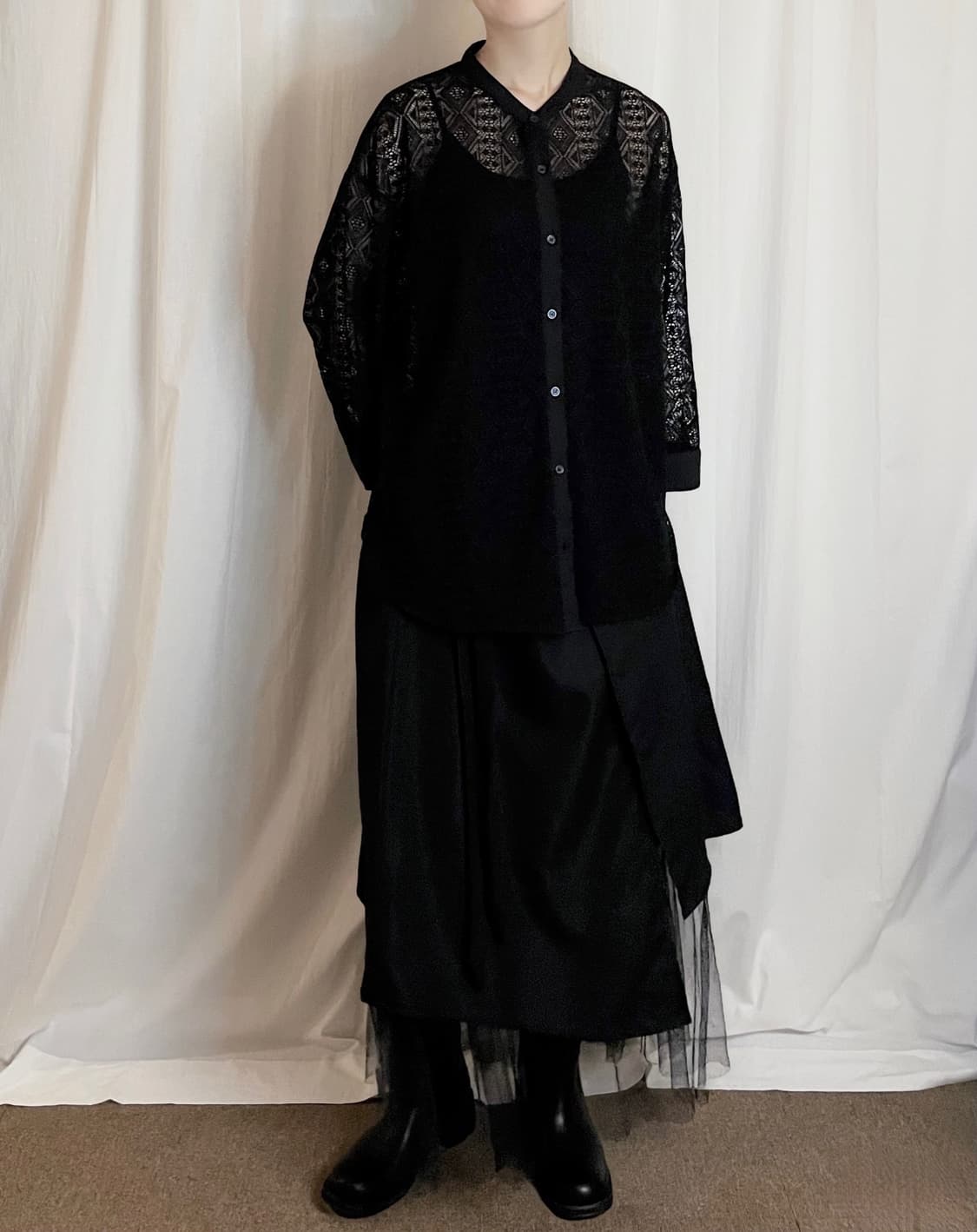 Lace Punching Long Sleeve Shirt - Black 상품이미지2