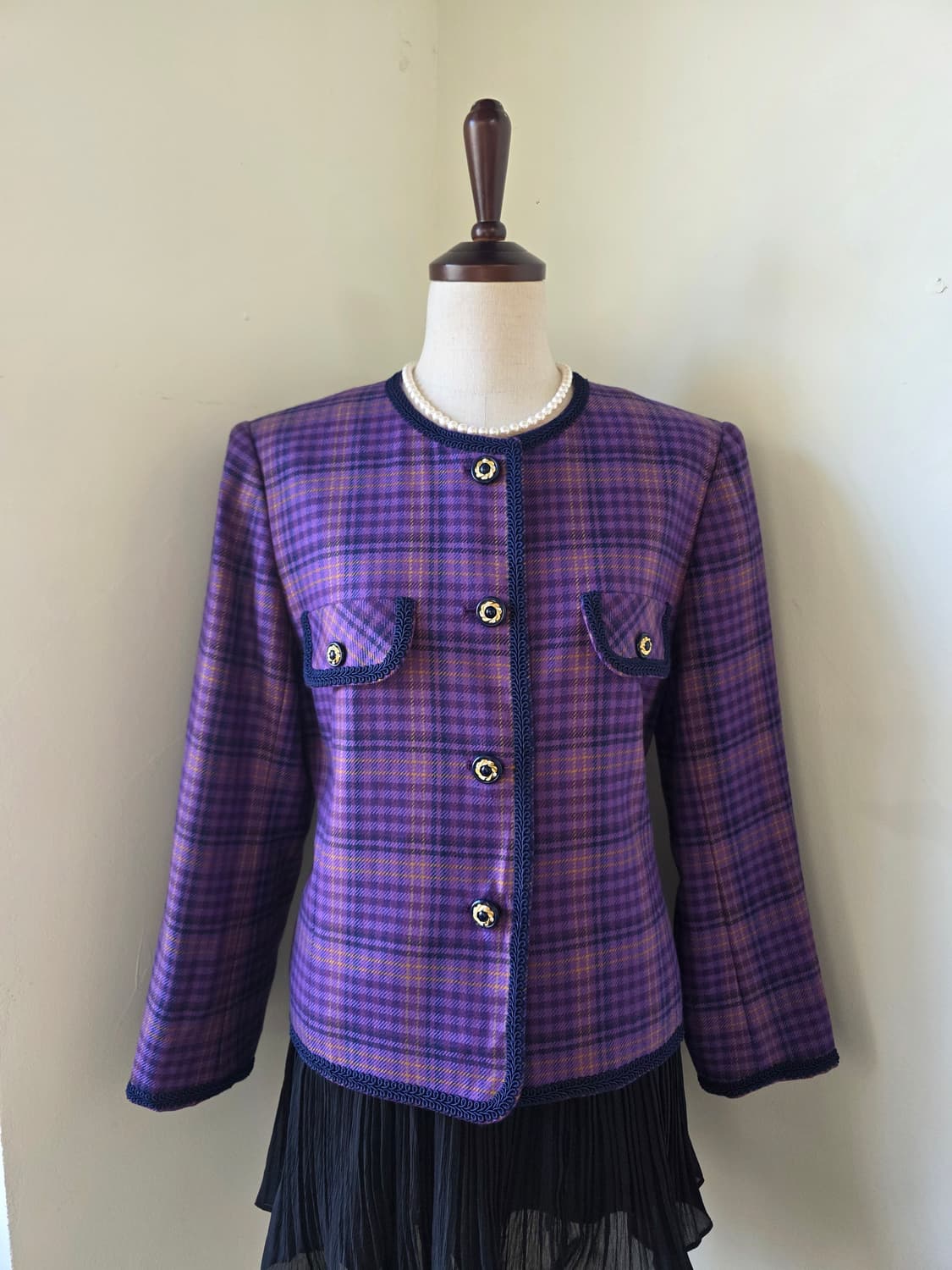 체크 패턴 레이스 테이핑 퍼플 자켓 상품이미지2