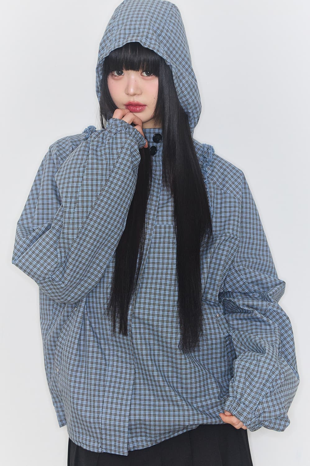 일리고 오블리크 프릴 후드 자켓 체크 블루 상품이미지1