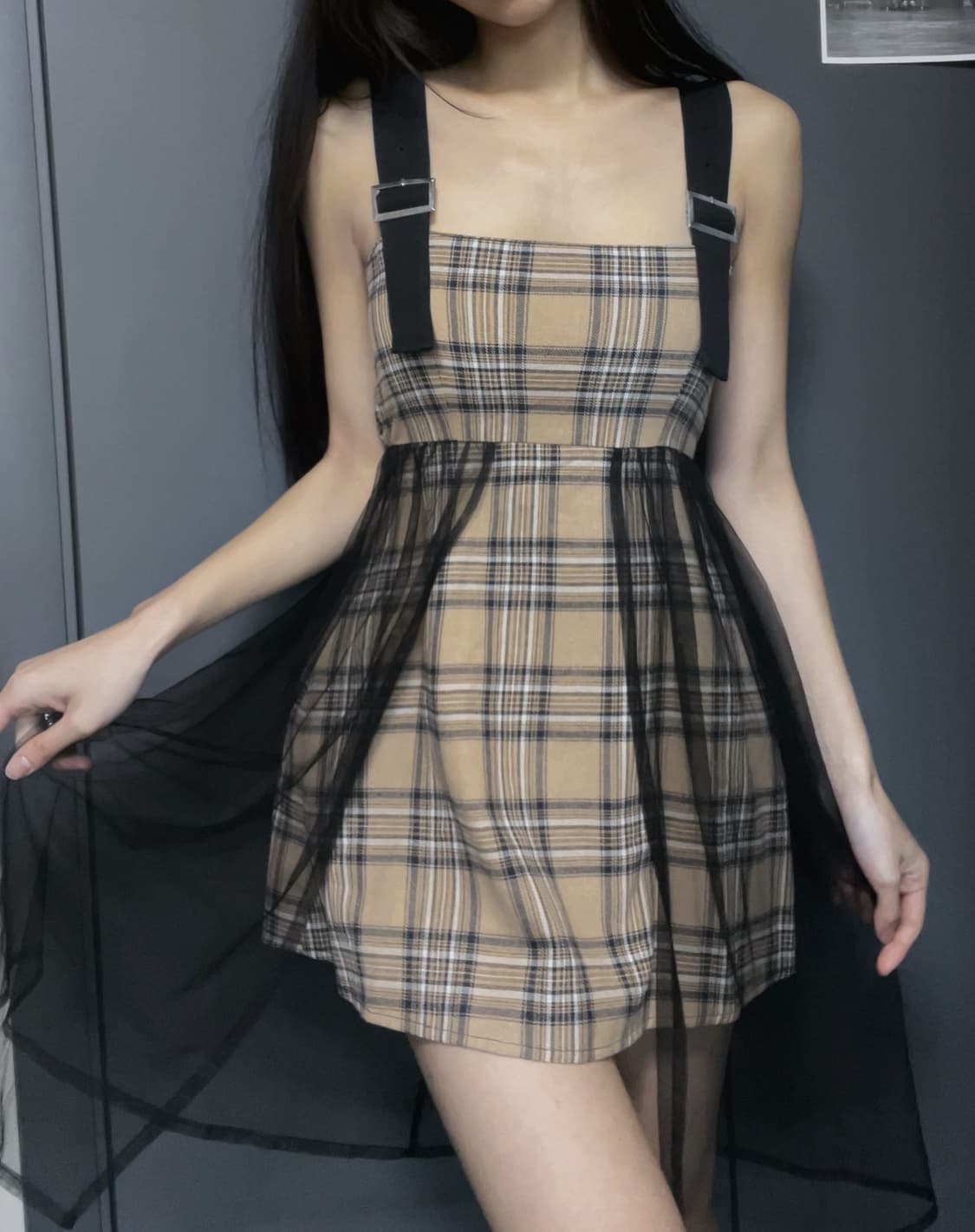 체크 베일 원피스 상품이미지1