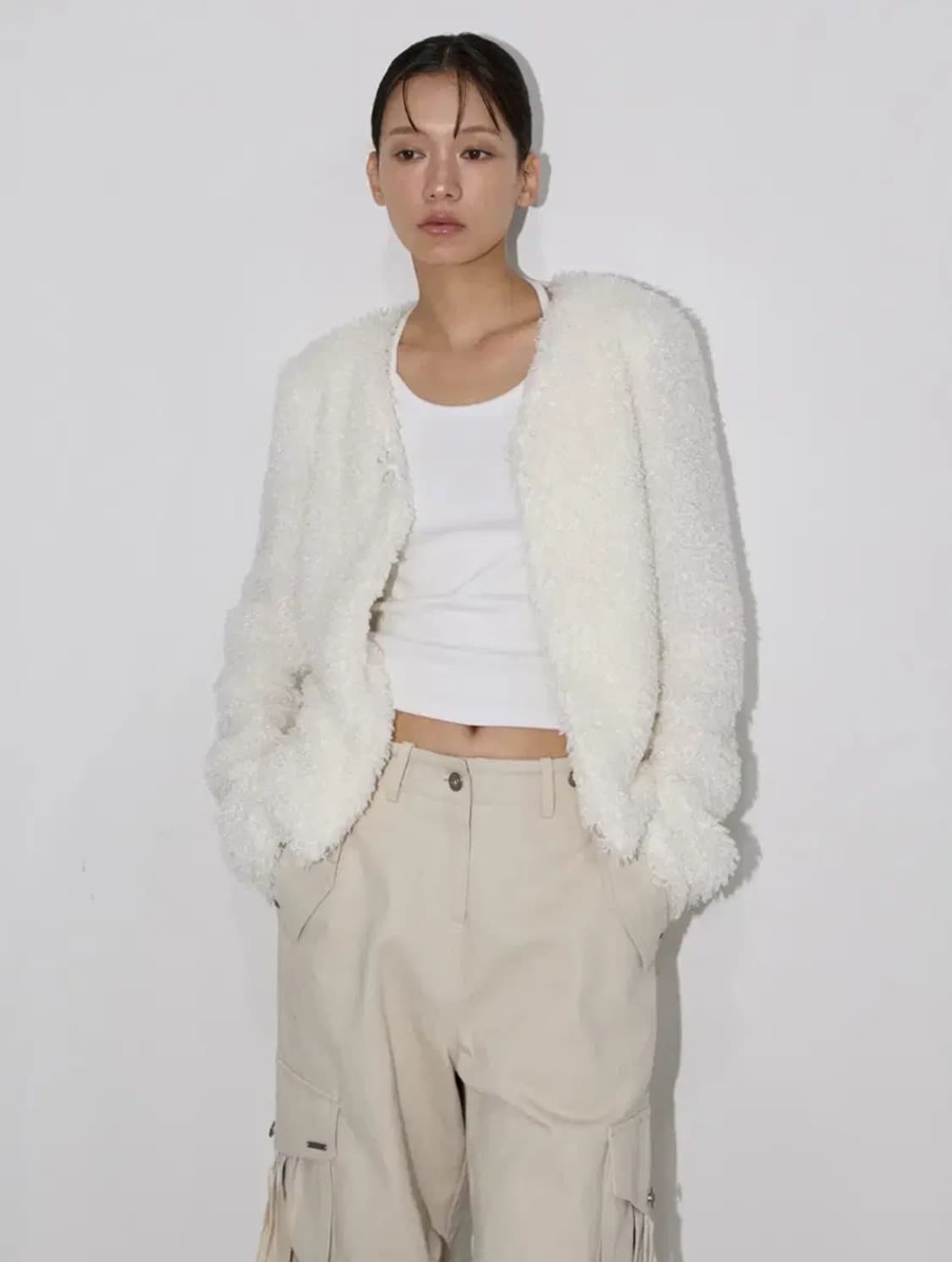 이네기 퍼 가디건 아이보리 상품이미지1