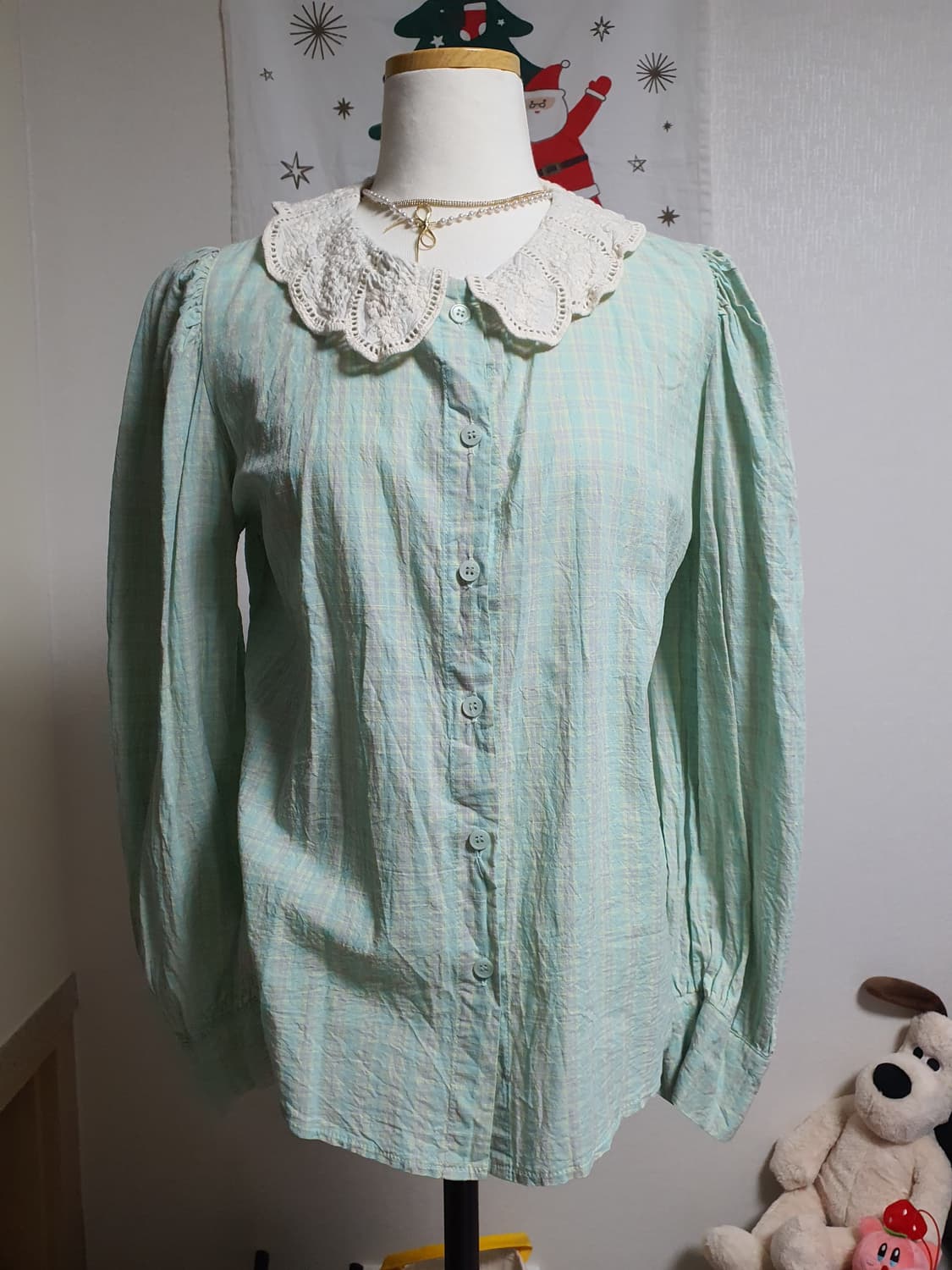 [빈티지] 레이스 카라 블라우스 민트 체크 상품이미지2