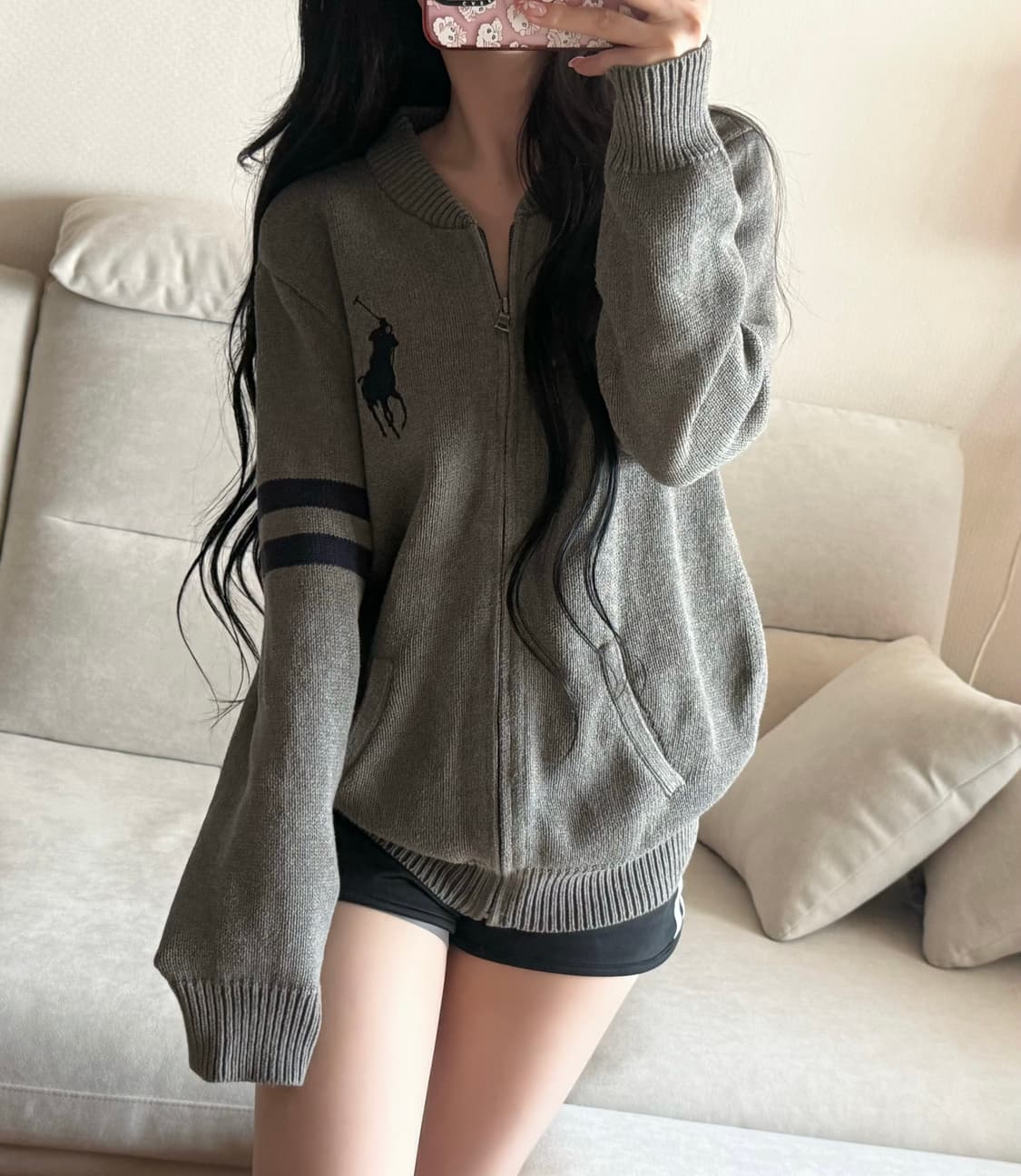 폴로 랄프로렌 빅포니 그레이 네이비 니트 집업 상품이미지1
