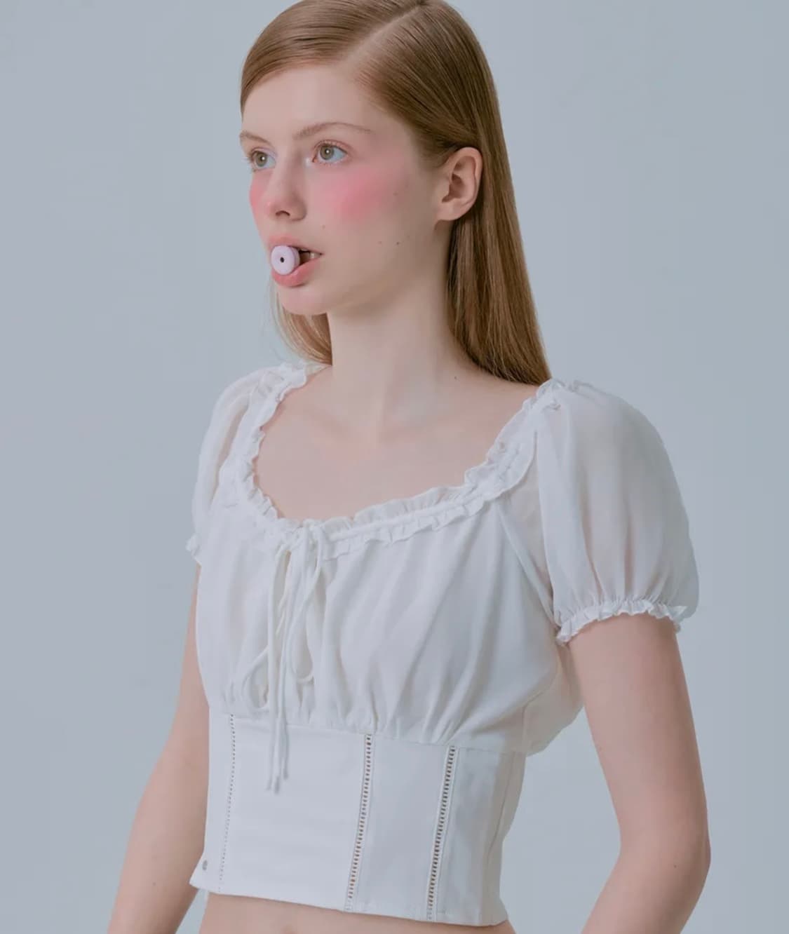 [새상품/M]페일제이드 쉬폰 레이스 퍼프 블라우스 블랙 검정 상품이미지4