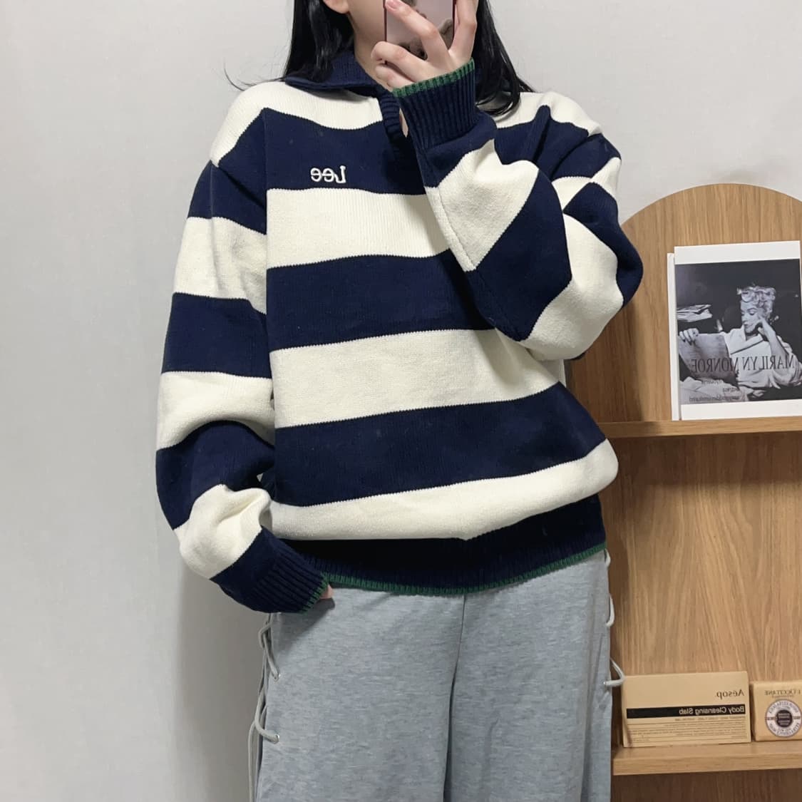 [정품] LEE 화이트 네이비 단가라 두툼 니트 [ M ] 상품이미지1