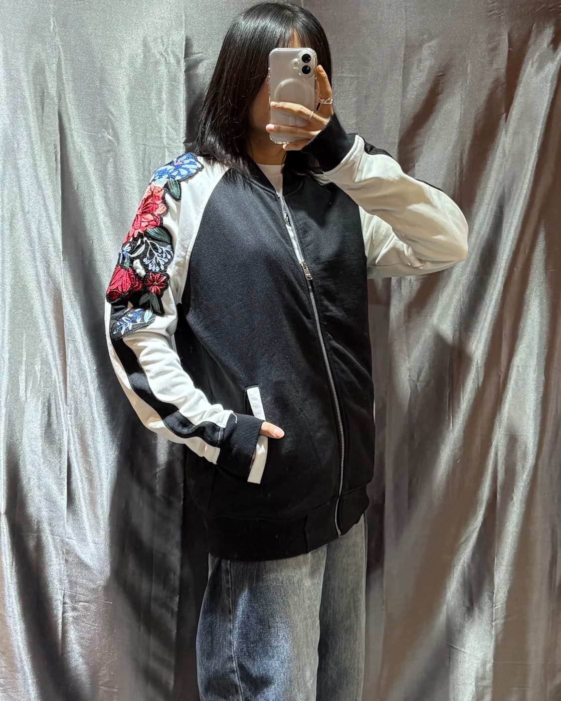 L 에비수 사이드 플라워 자수 배색 스카잔 상품이미지1