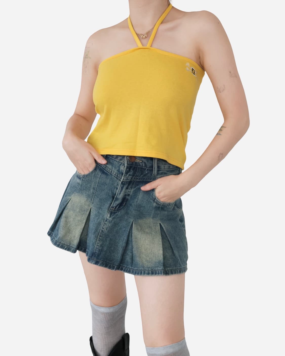 Fendi Yellow Cotton Logo Crop Halter Top 상품이미지1