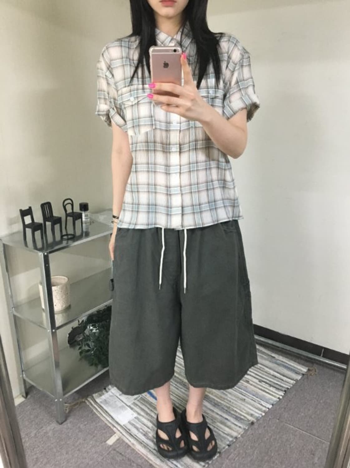 양포켓 크롭 체크 반팔셔츠(Unisex) 상품이미지3