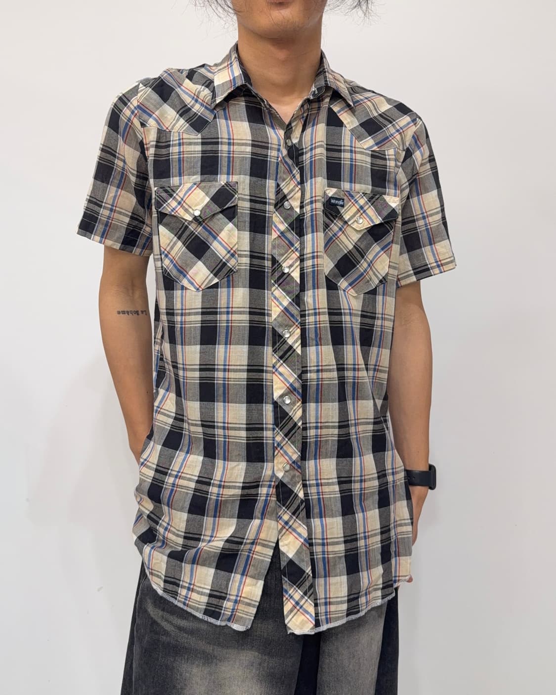 Wrangler 빈티지 웨스턴 셔츠 블랙 베이지 체크 반팔 상품이미지8