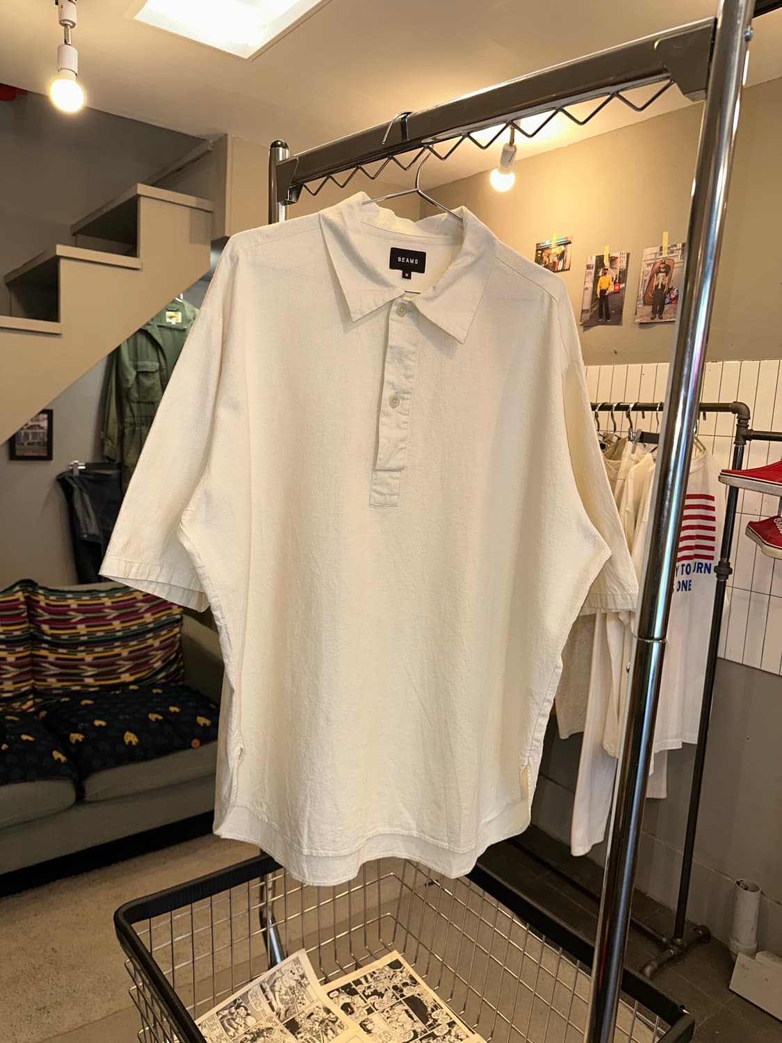 Beams henry-neck material short shirt 상품이미지2