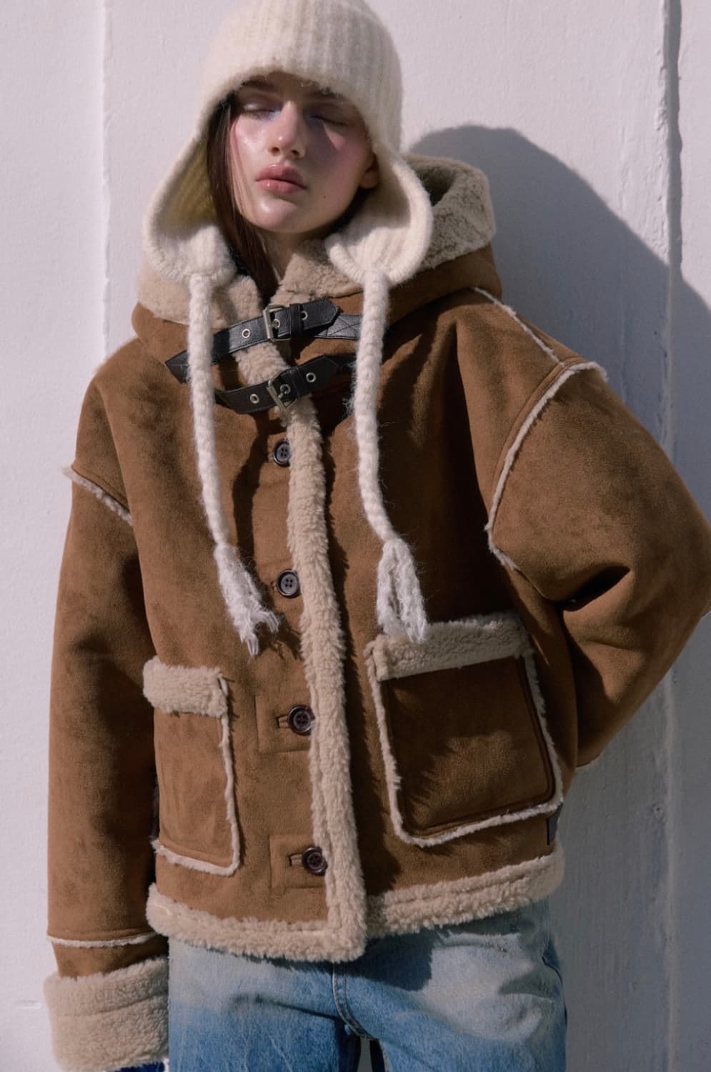 (이번주만 판매) (택O) (새상품) 더오유 빈티지 후드 무스탕 (카멜) 상품이미지3