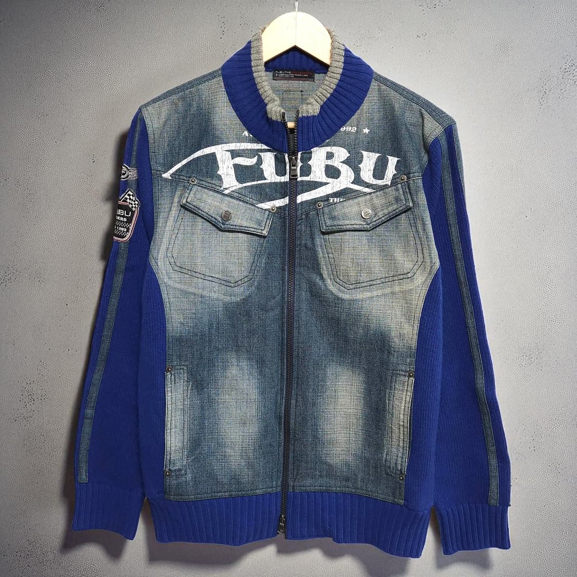 100)FUBU 푸부 올드빈티지 데님 배색 니트 집업 자켓 상품이미지1