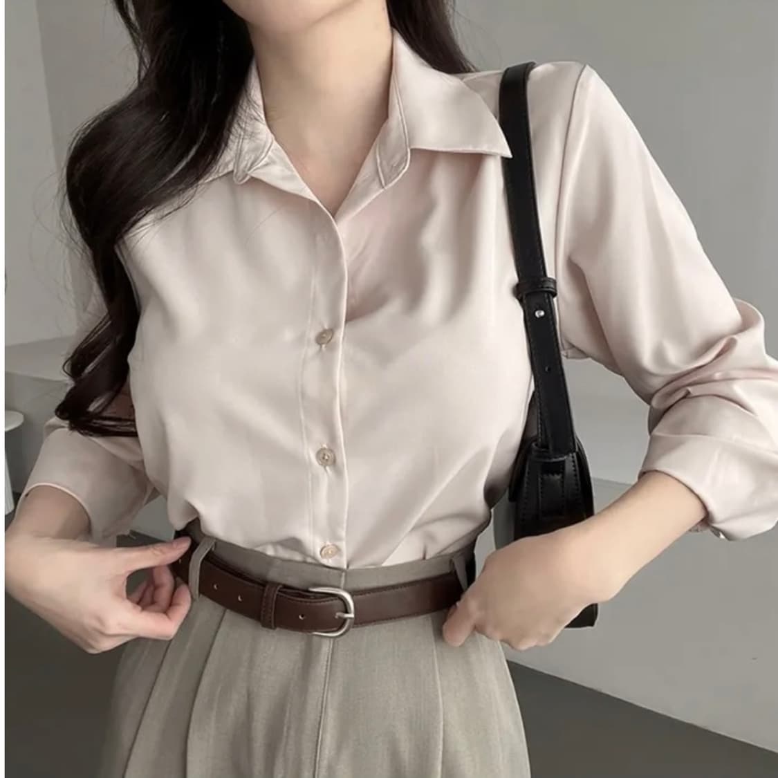 가나다란 베이직 기본 셔츠 블라우스 핑크베이지 상품이미지2