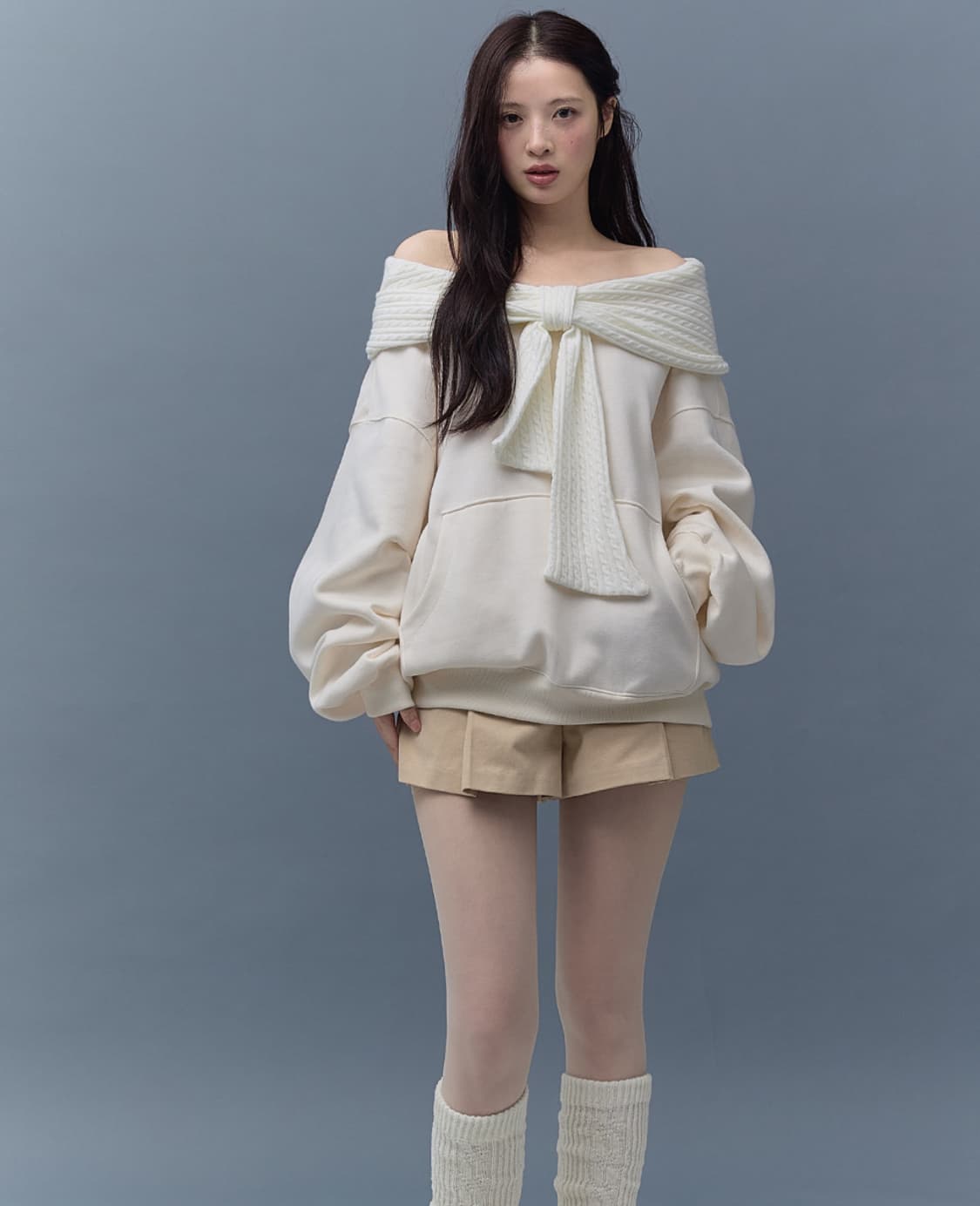 (12/16 예약배송)더티스Thetis 리본 오프숄더 후드 크림 상품이미지1