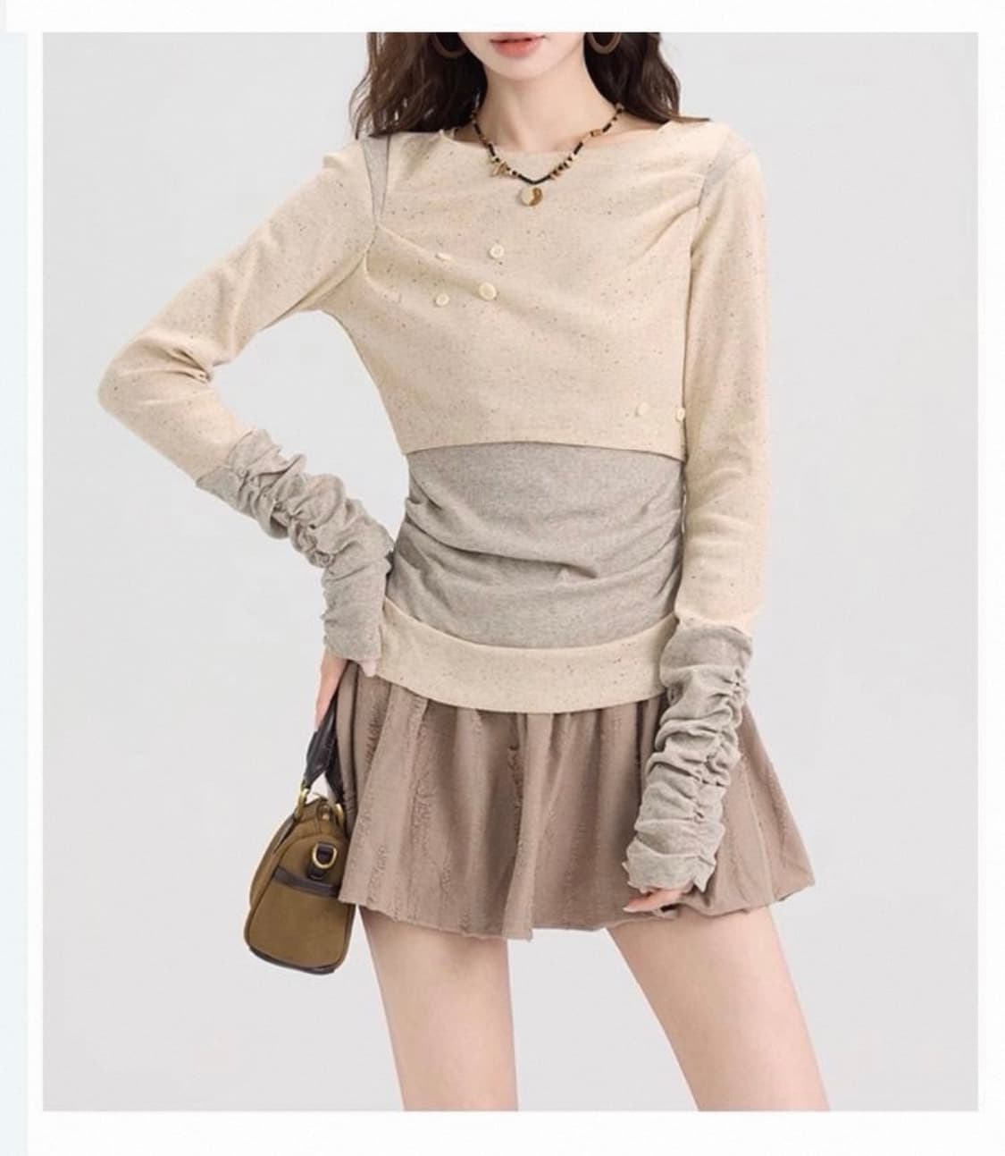 오트밀 단추 콩 티셔츠 상품이미지1