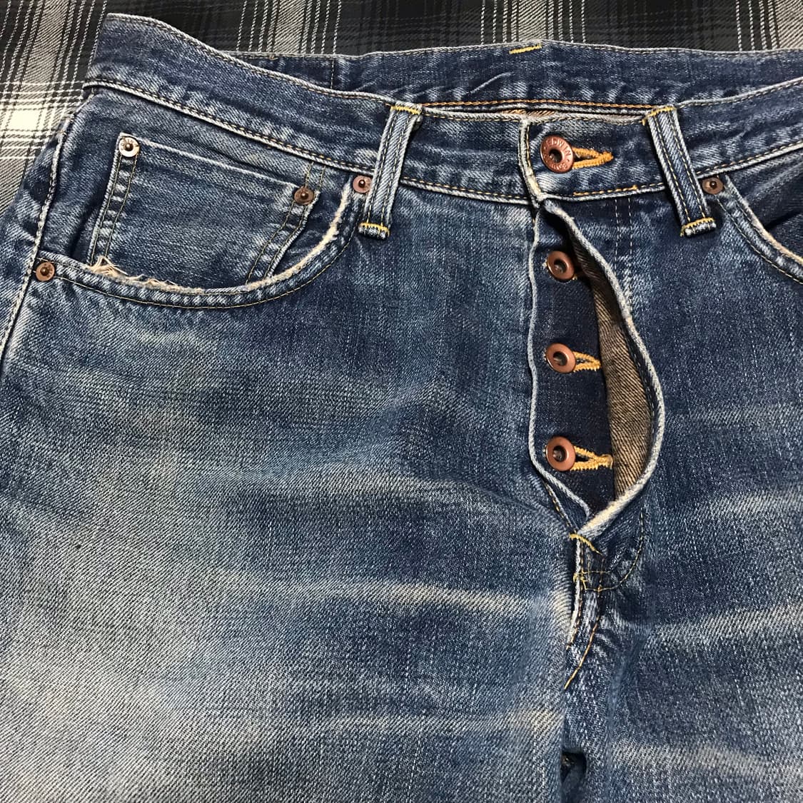 90s  재팬 505x 연중청 와이드 스트레이트 셀비지 데님 상품이미지4