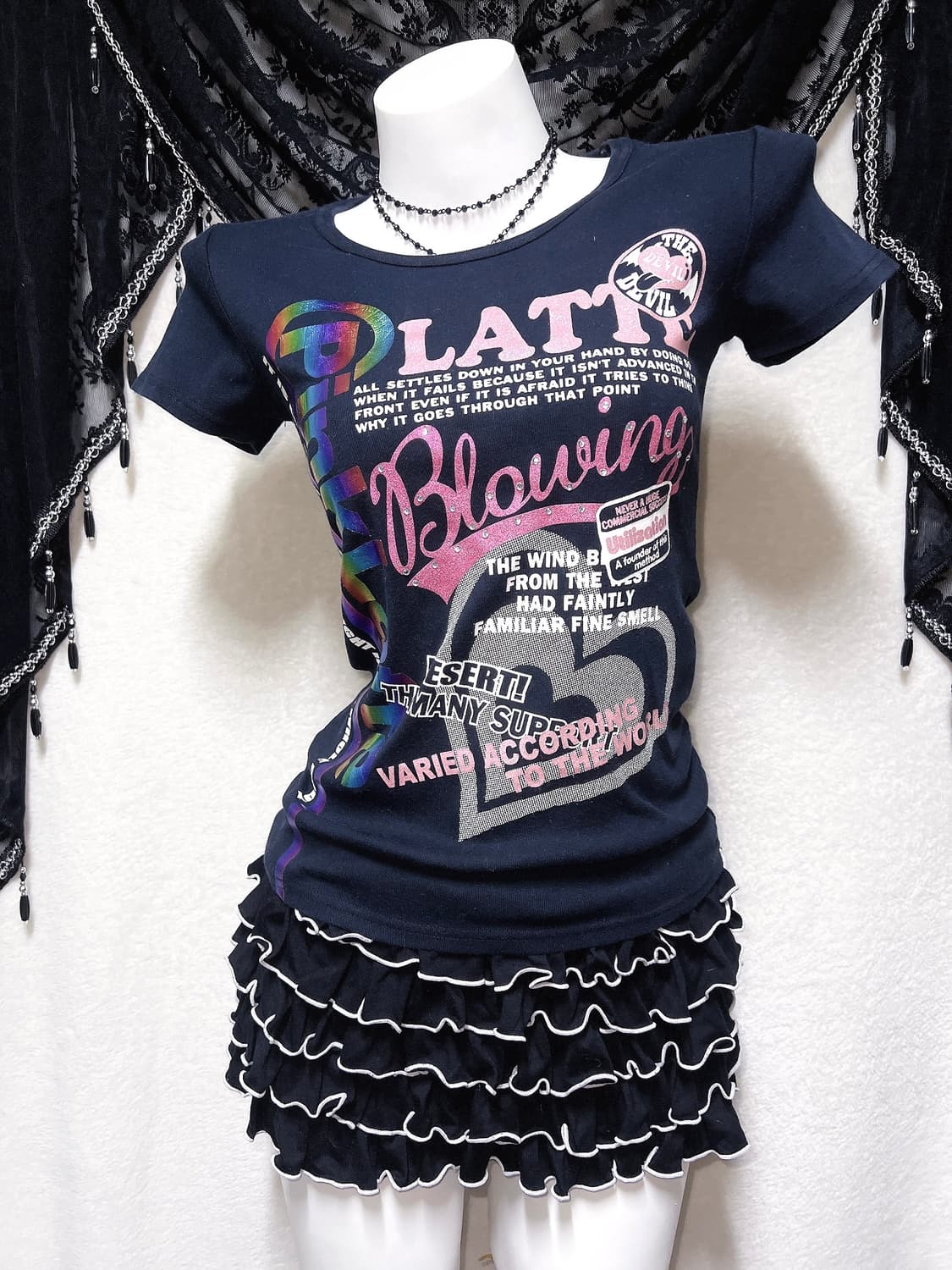 핑크라떼 헤이세이 갸루 키치 러블리 글리터 레터링 반팔탑 펑크 핀터 상품이미지2