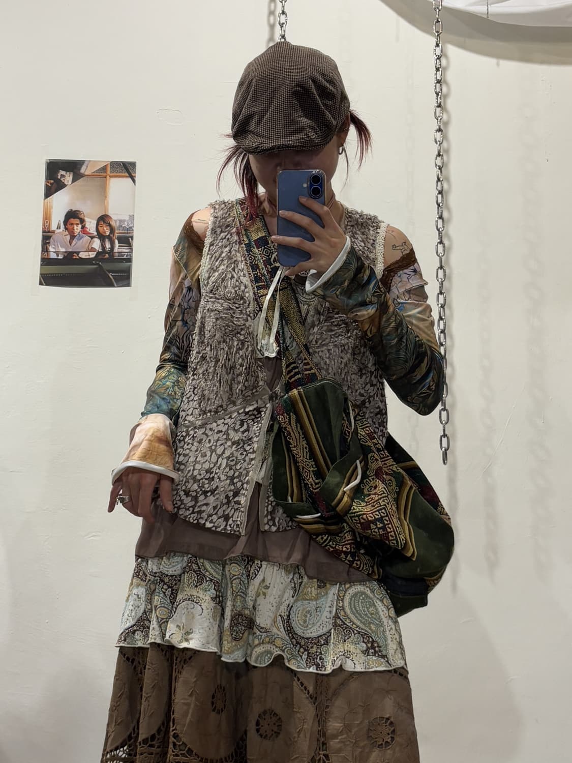 에스닉 패턴 리본 레이어드 브라운 슬리브리스 히피 모리 상품이미지6