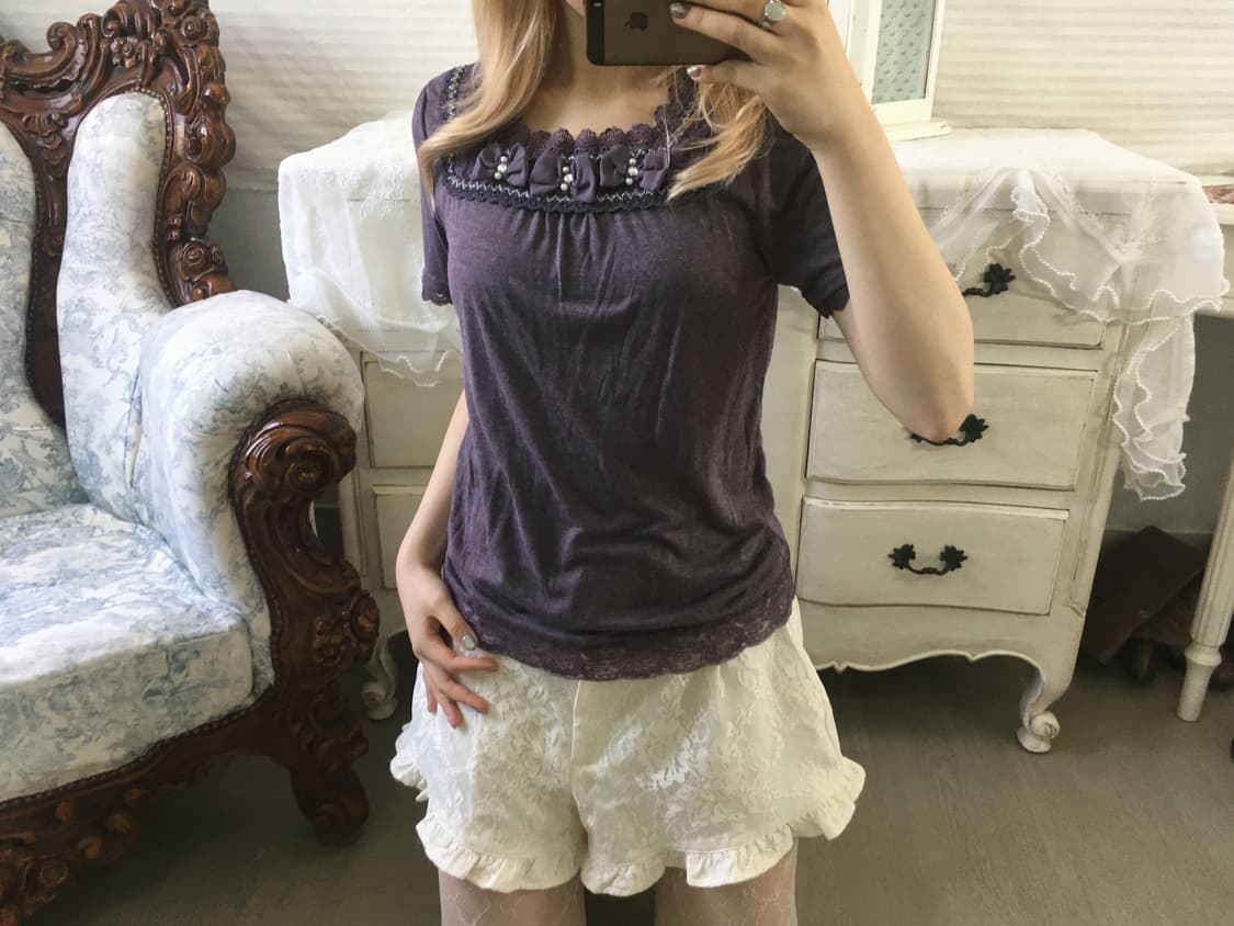 일본빈티지 퍼플 로걀 리본 반팔 상품이미지4