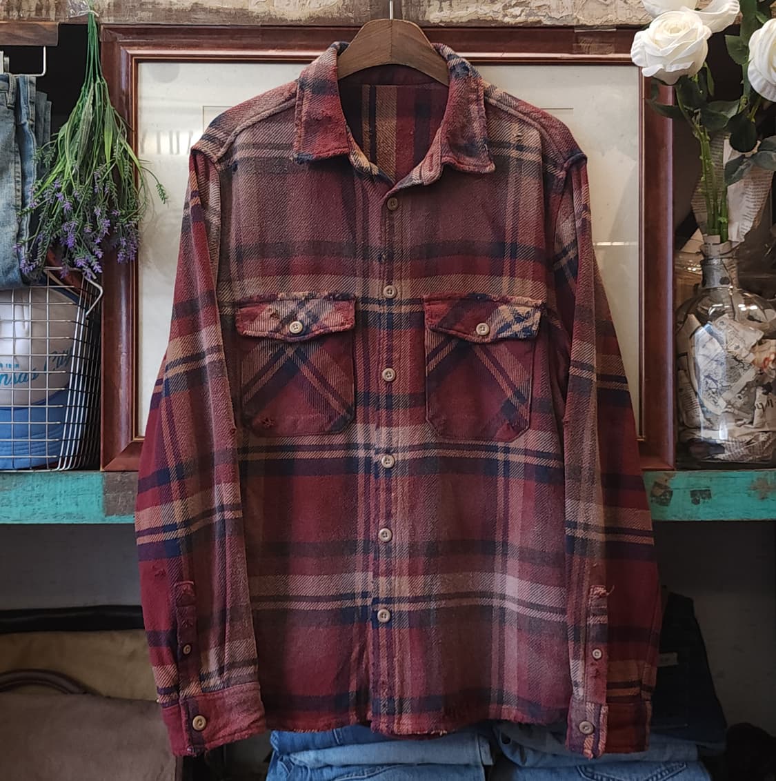 90s 빈티지 체크셔츠 헤비 플란넬 워크셔츠 썬페이딩 레드 데미지 L 상품이미지1