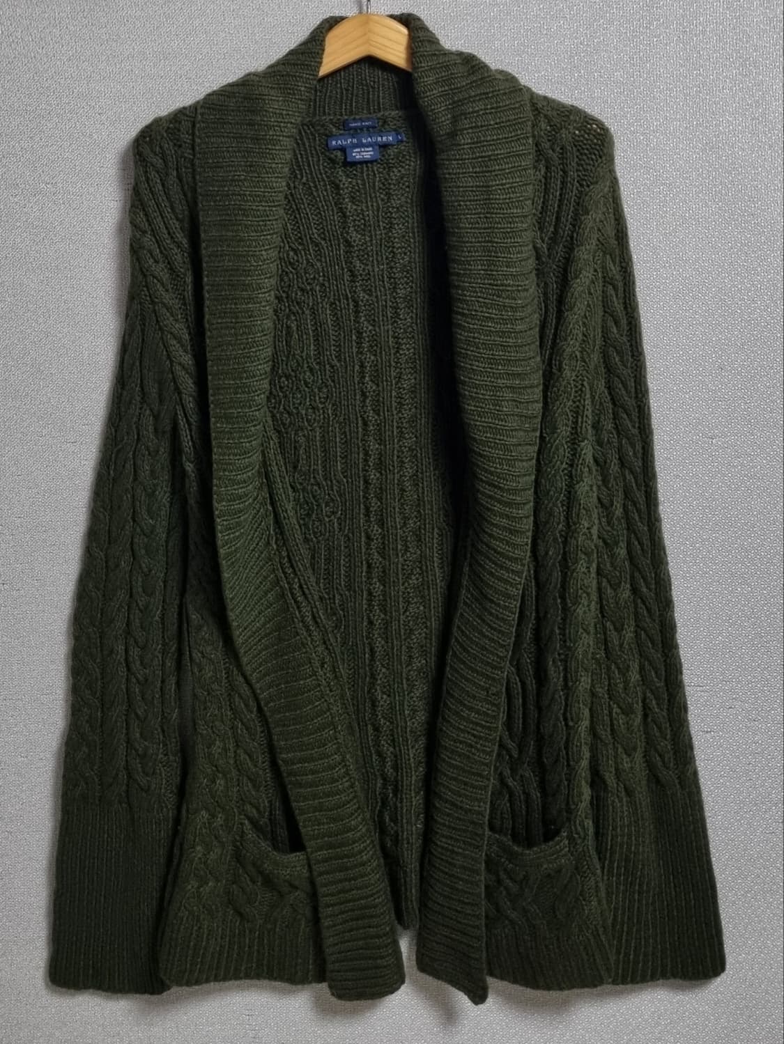L (77) 폴로 카키 꽈배기 니트 오픈 가디건 캐시미어혼방 핸드니트 상품이미지1