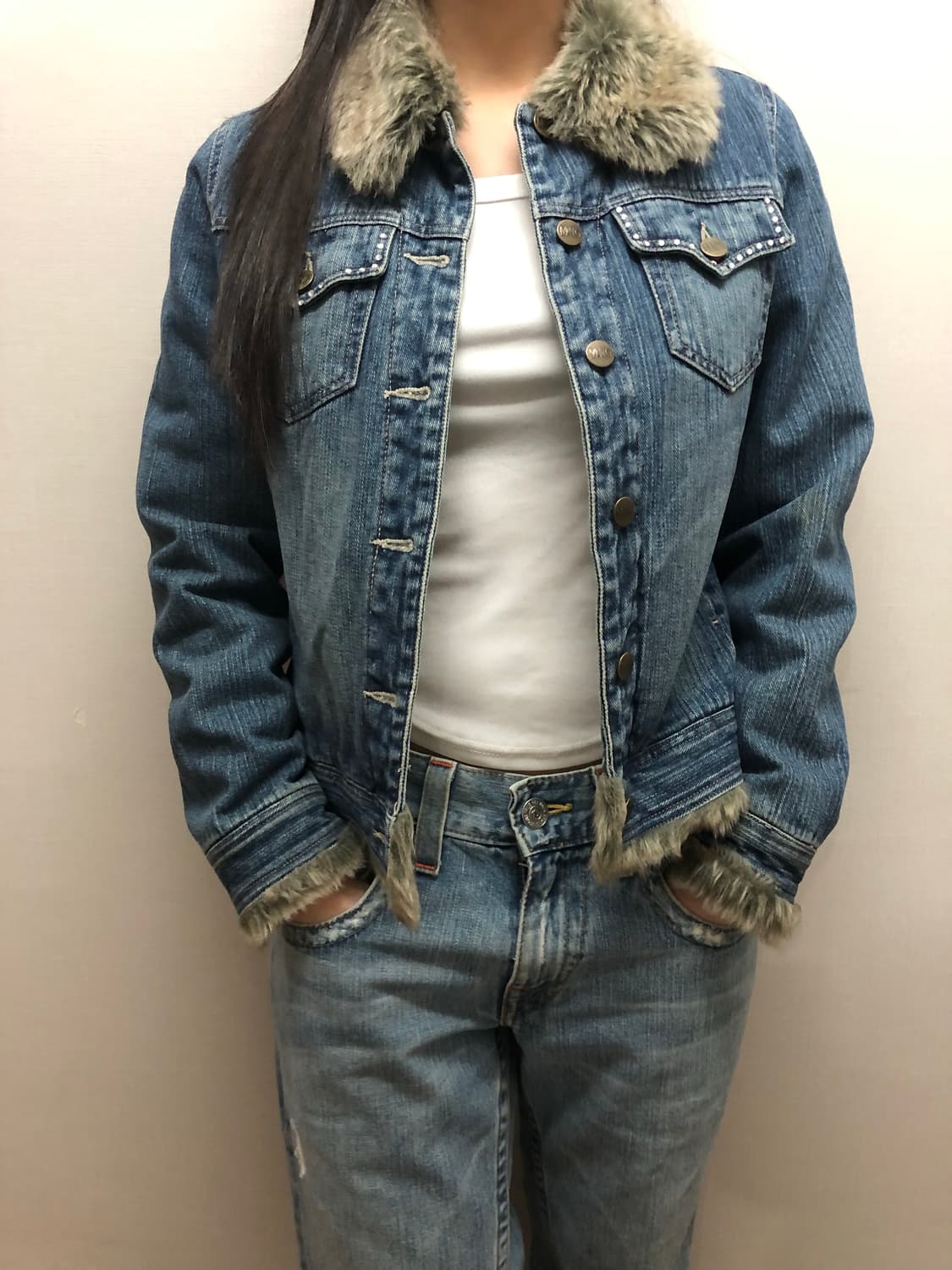 빈티지 데님 큐빅 퍼 자켓 상품이미지5